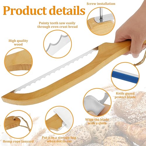 Miniatura 4 de GLMFAN Cuchillo de lazo de pan, rebanador de pan para pan casero, cortador de masa madre dentada de 15.7 pulgadas para bagels y baguettes, cuchillo