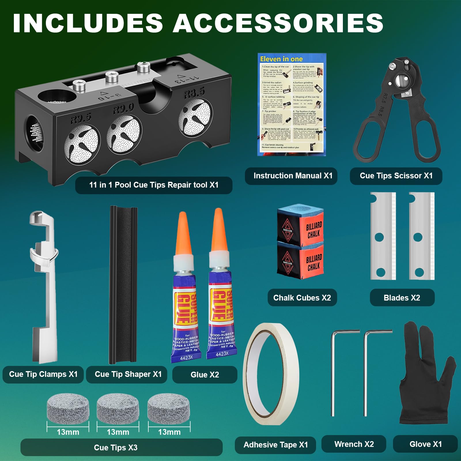 Kit di Riparazione per Stecca da Biliardo 11 in 1, Kit di Ricambio per Punte per Stecca da Biliardo, Kit di Riparazione per Stecche da Biliardo, Accessori per Stecca da Biliardo