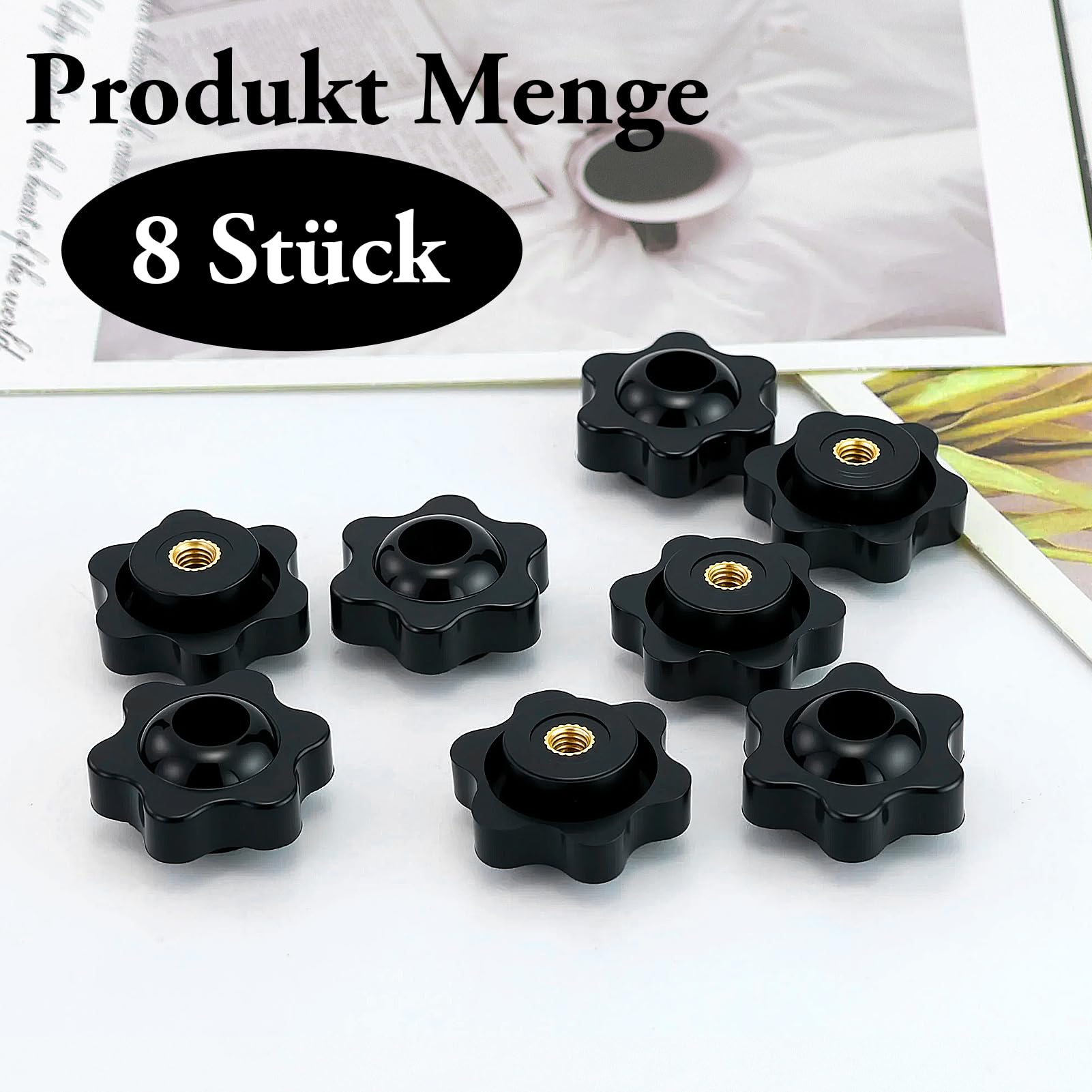 8 pezzi dadi a stella M4, diametro esterno 25 mm, manopole di bloccaggio filettate, pomello a stella, nero, per macchine, mobili, macchine utensili, fai da te
