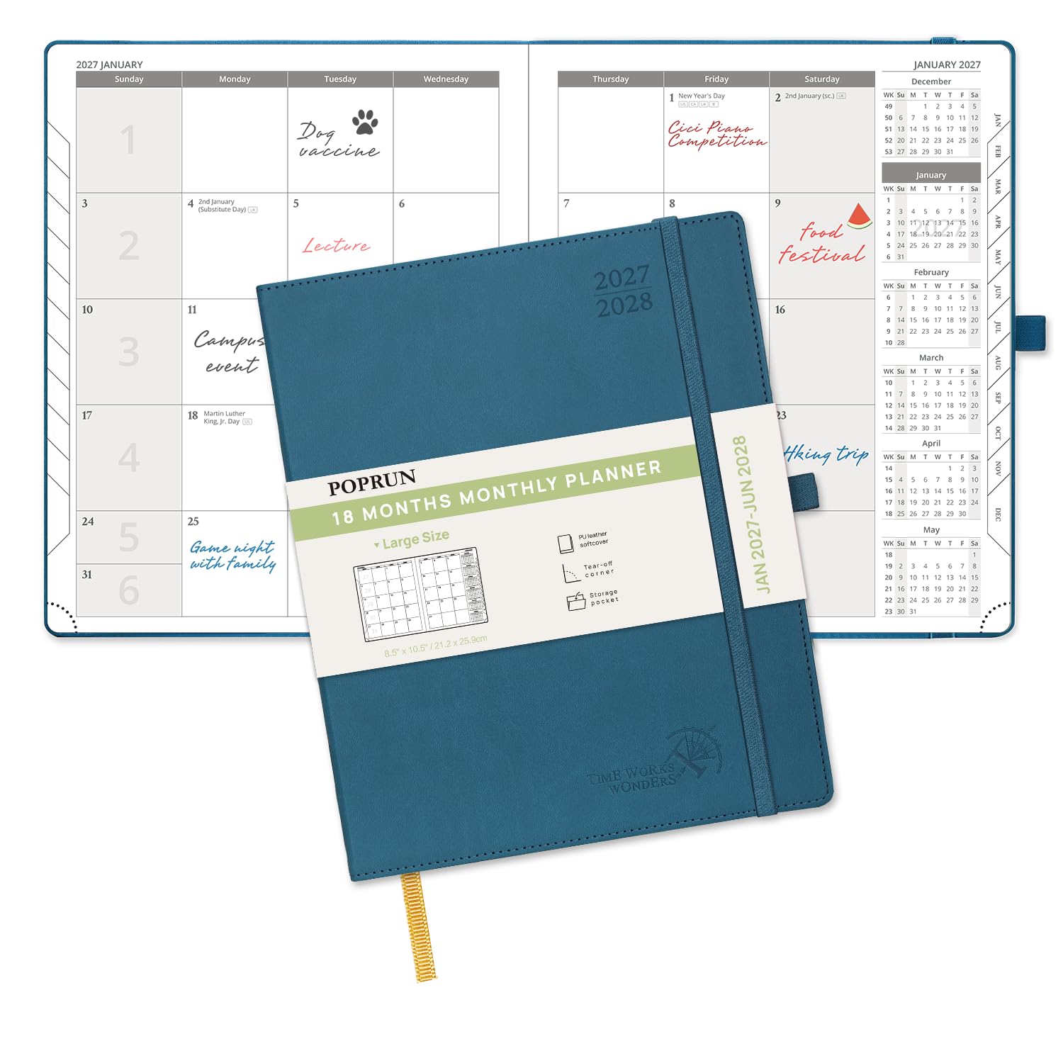 POPRUN Agenda mensile 2027-2028 (grande 21,6 x 26,7 cm), calendario da 18 | Gennaio 2027-giugno 2028, calendario con copertina morbida con pagina per note, linguette mensili e tasca interna