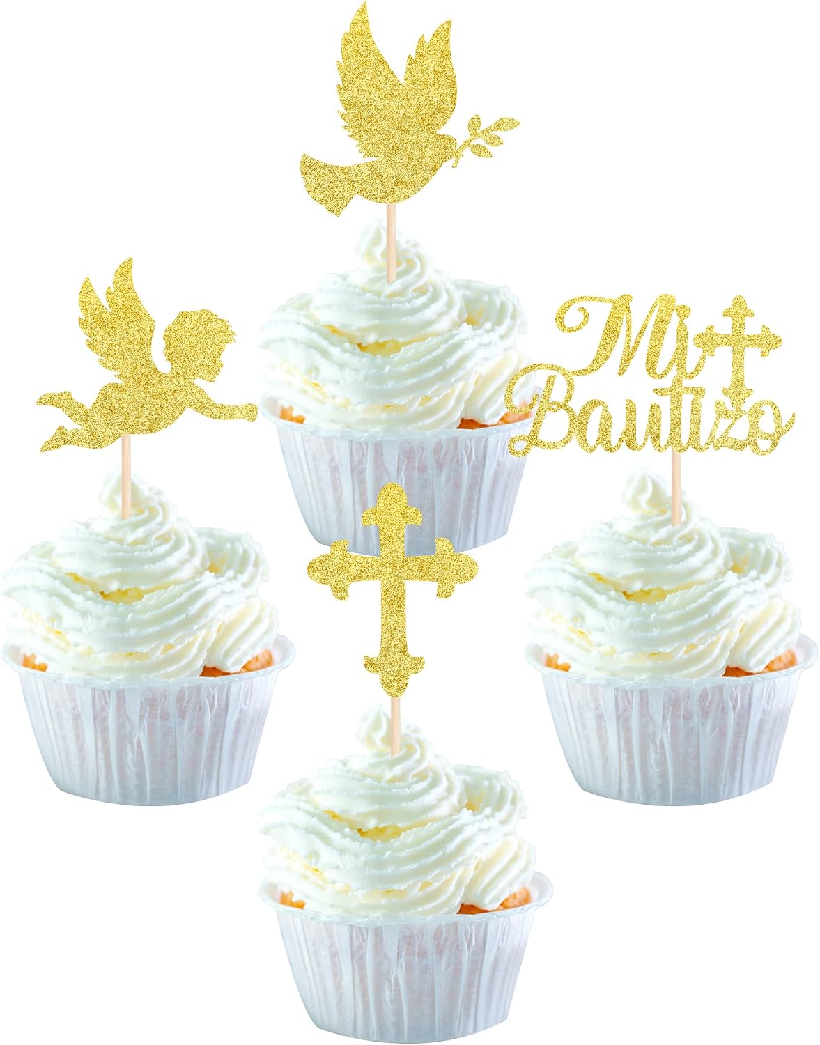 24 Pack Spanish Mi Bautizo Cupcake Toppers with Glitter Cross Angel Dove Baptism Cupcake Picks Decorations for Religious God Bless Theme Baby Shower Kids Birthday Christmas Party Supplies Gold