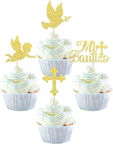 Paquete de 24 adornos españoles Mi Bautizo para magdalenas con purpurina y cruz de ángel, paloma, bautizo, decoraciones para bendición religiosa con