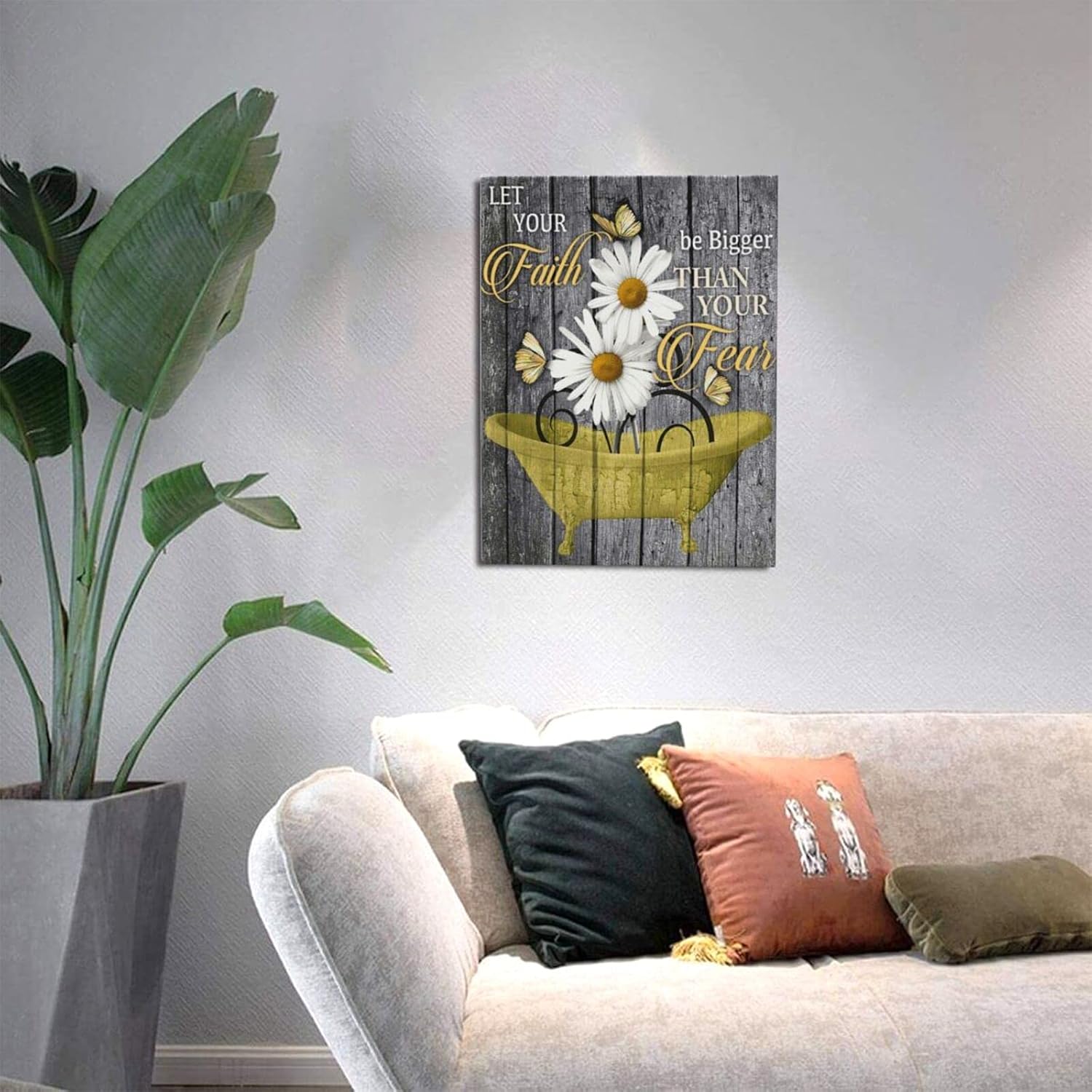 Yellow Daisy In Bathtub Wall Art Canvas Bathroom Wall Decor Inspirational Butterfly Quotes Grey And Black Wood Background Artwork Framed Modern Home Wall Decor for Bathroom Ready to Hang 12x16 Inch