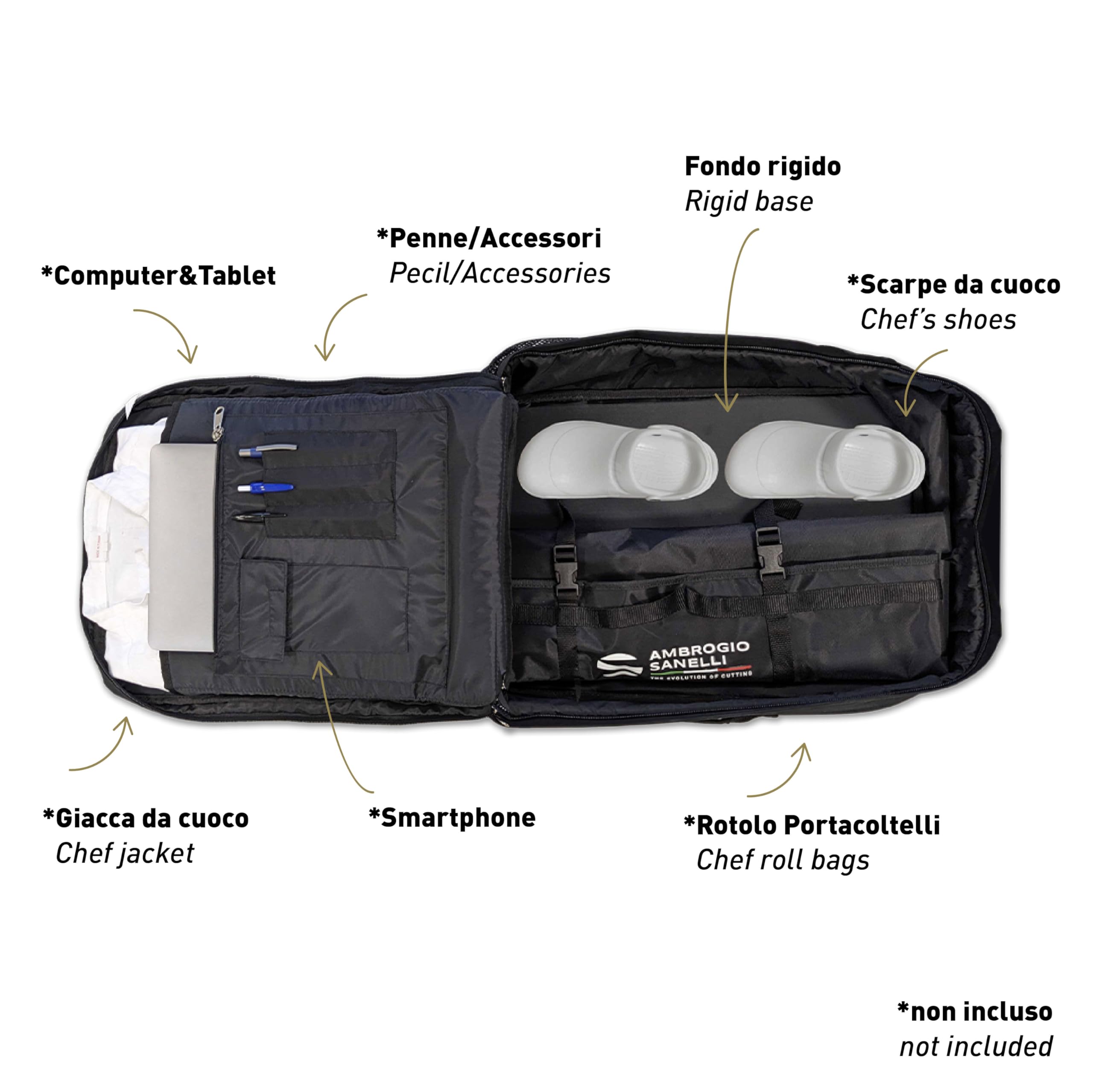 Ambrogio Sanelli, Caravel Backpack Multiuso, Zaino Professionale Porta Coltelli con 6 Tasche, Resistente e Sicuro, Utilizzabile come Zaino PC, Tracolla, Borsa o come Bagaglio a Mano, Made in Italy