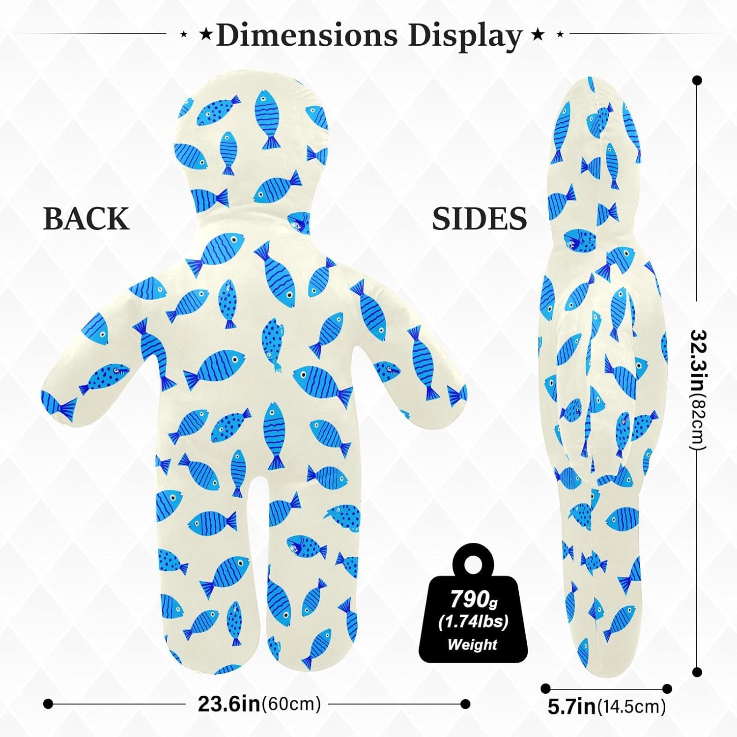 Blue Fish Human-Shaped Pillow Soft Body Pillows Washable Velvet Pillows for Anxiety Relief Sleeping Cuddling & Support