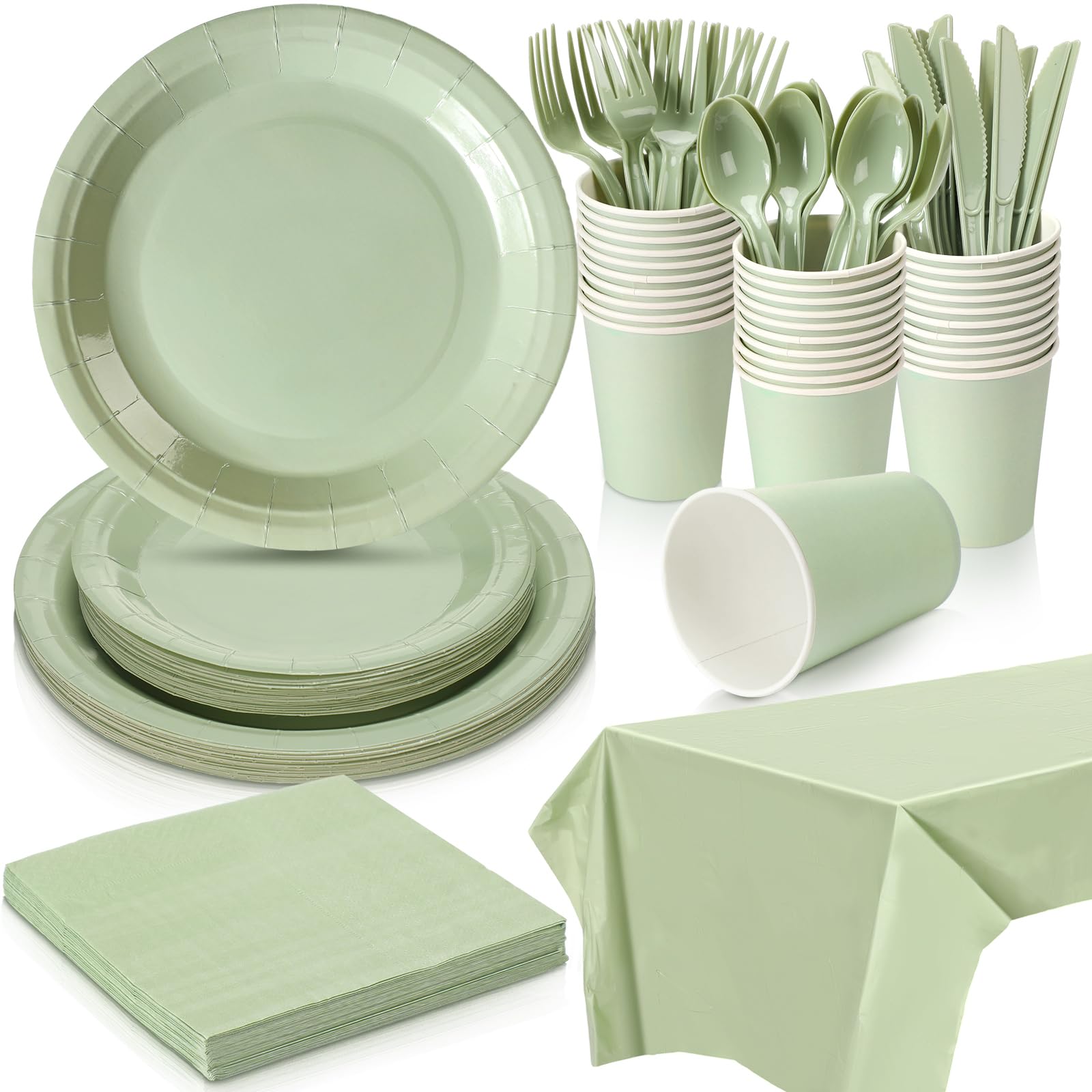 Dandat 169 Pieces Sage Green Paper Plates and Napkins Set for 24 Guest Disposable Plate Cups Napkins Tablecloth Cutlery for Bridal Baby Shower Wedding Birthday Gender Reveal Party Supplies