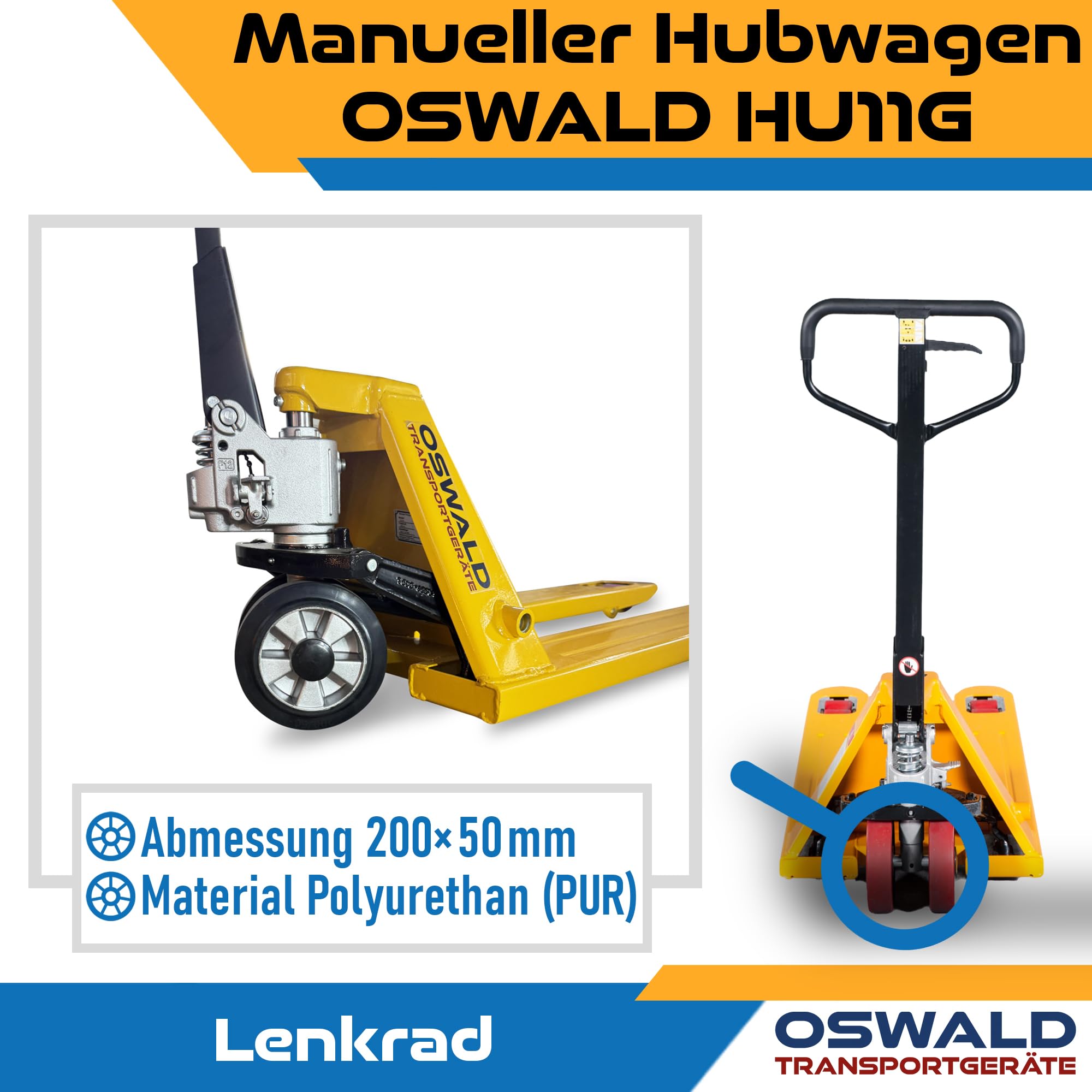 Oswald HU11G Hubwagen 2500 kg - 1150 mm Gabellänge - PU-Tandemrollen - Handhubwagen Palettenhubwagen Palettenwagen