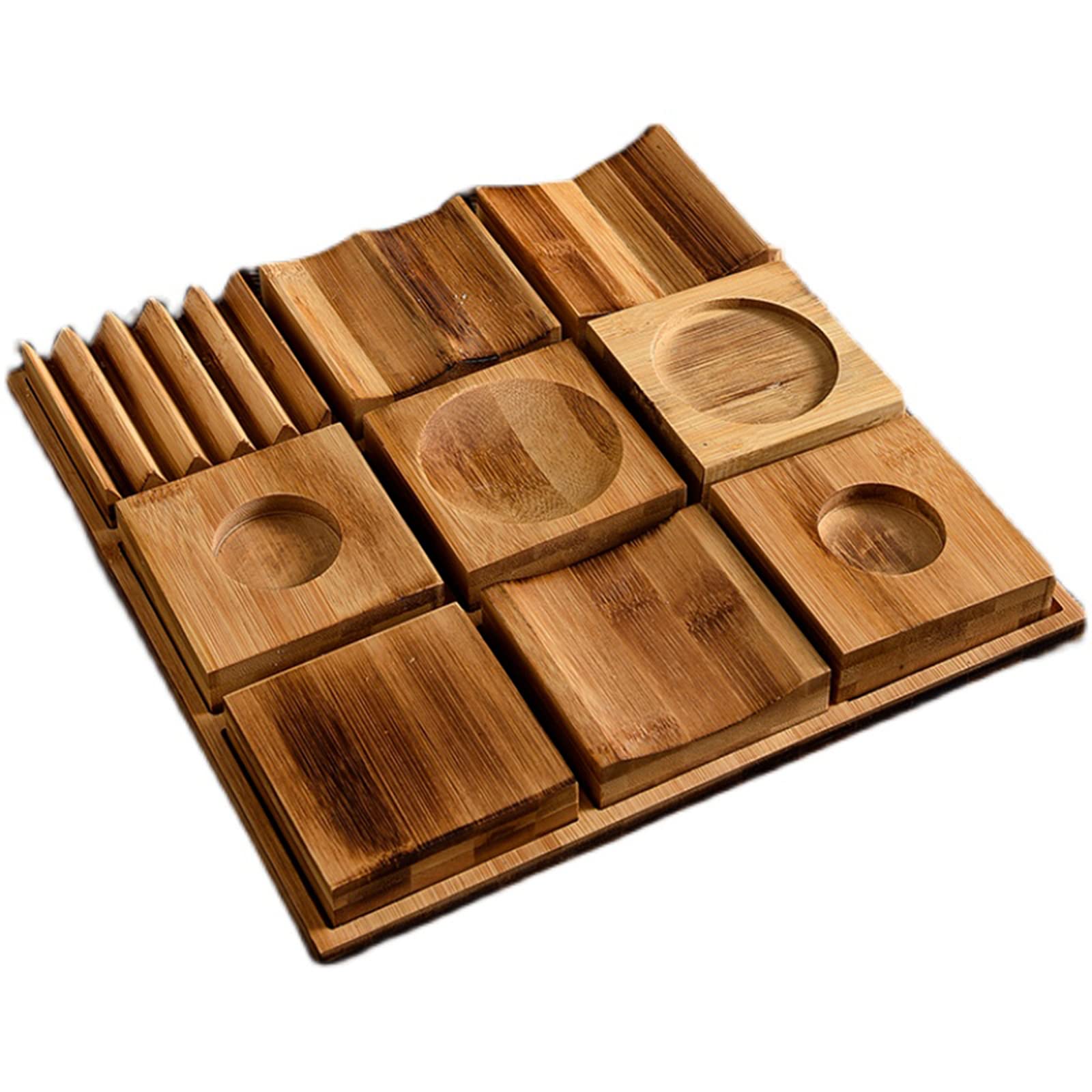 SaryEdge Bamboo Serving Tray - Nine- grid Dessert Tray Household Restaurant Cutlery Set for Food, Snacks,