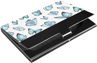Seamless Pattern of Watercolor Blue Flying Butterflies on White Business Card Holder Leather, Slim Credit Card Case Stainless Steel Wallet for Women and Men Unisex Business Card Holder