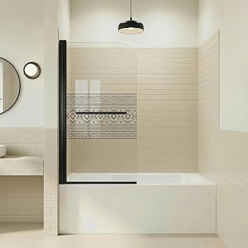 Frameless Bathtub Door - 32"x55" 6mm Tempered Glass Shower Screen with Matte Black Towel Bar, 180 Pivot Hinge & Reversible