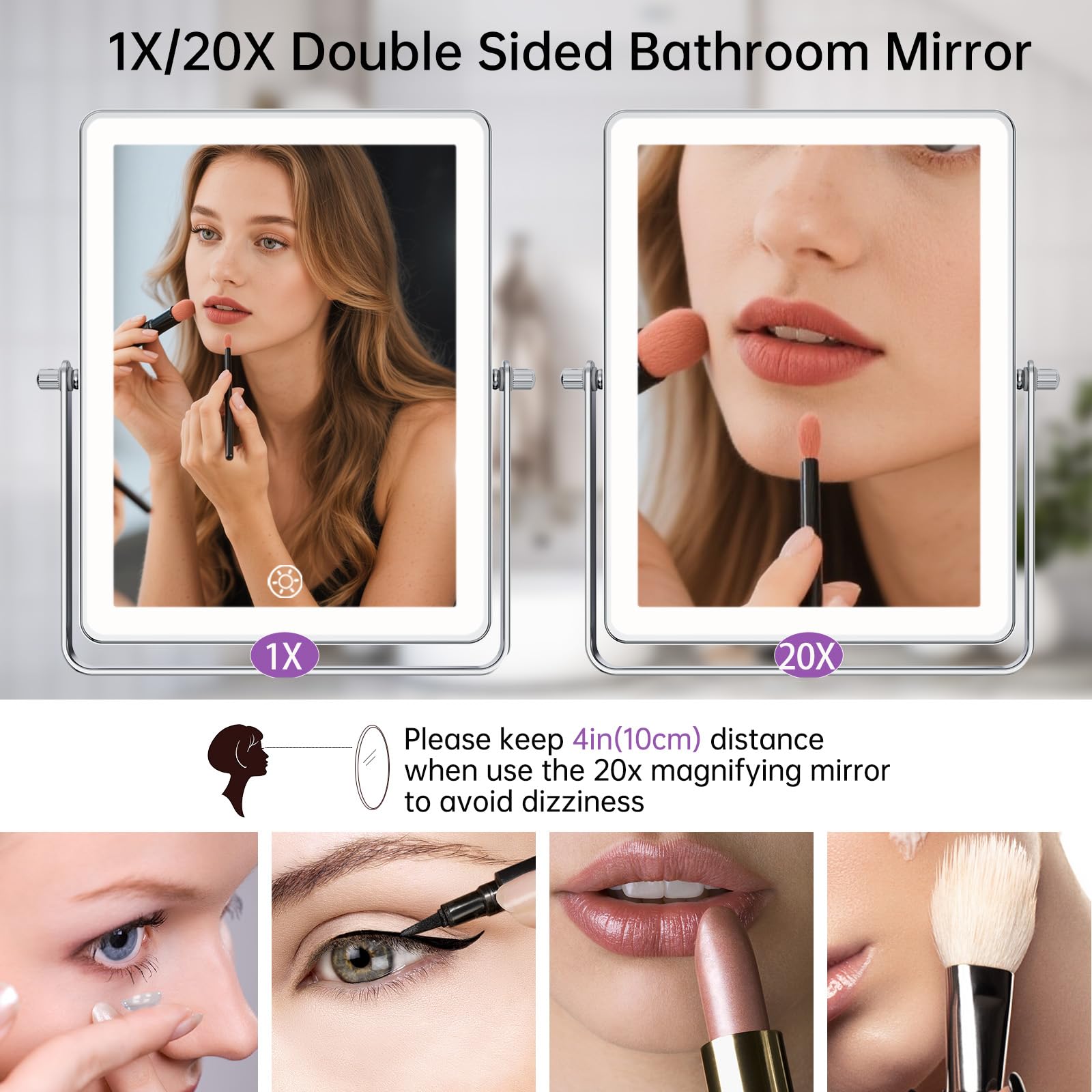 FASCINATE Wiederaufladbarer Kosmetikspiegel mit 1X/10X Vergrößerung | 3 dimmbare Lichtfarben, Touchscreen, 360° dreh für Wandmontage Rasierspiegel, Schminkspiegel für Badezimmer (Siber)