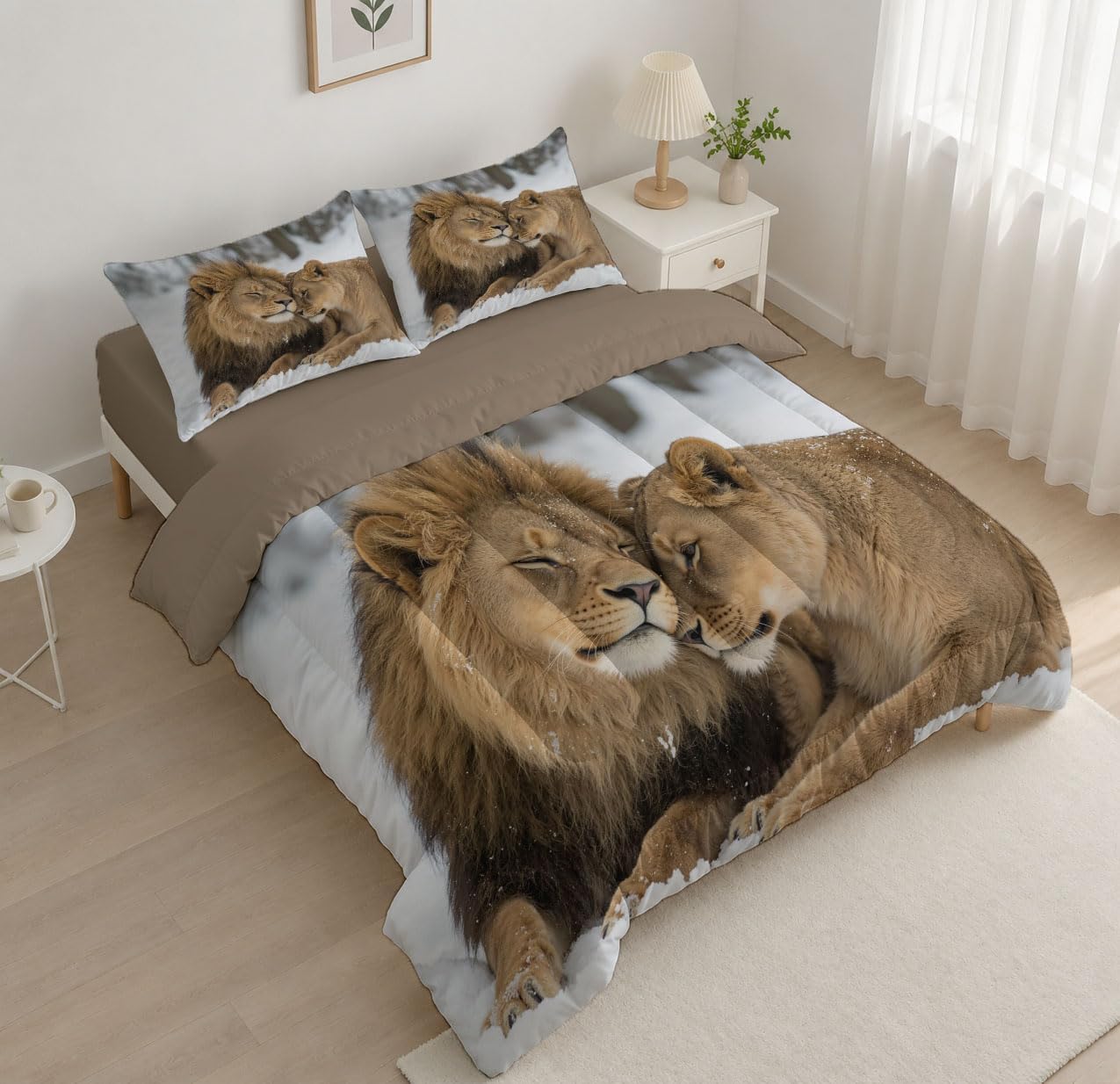 Wild Animals Comforter Set King Size, Intimate Lion Bedding Set for Girls Boys, Light Brown Quilt Bed 104"X90" Bedding Comforter Sets with 2 Pillowcase Room Decor