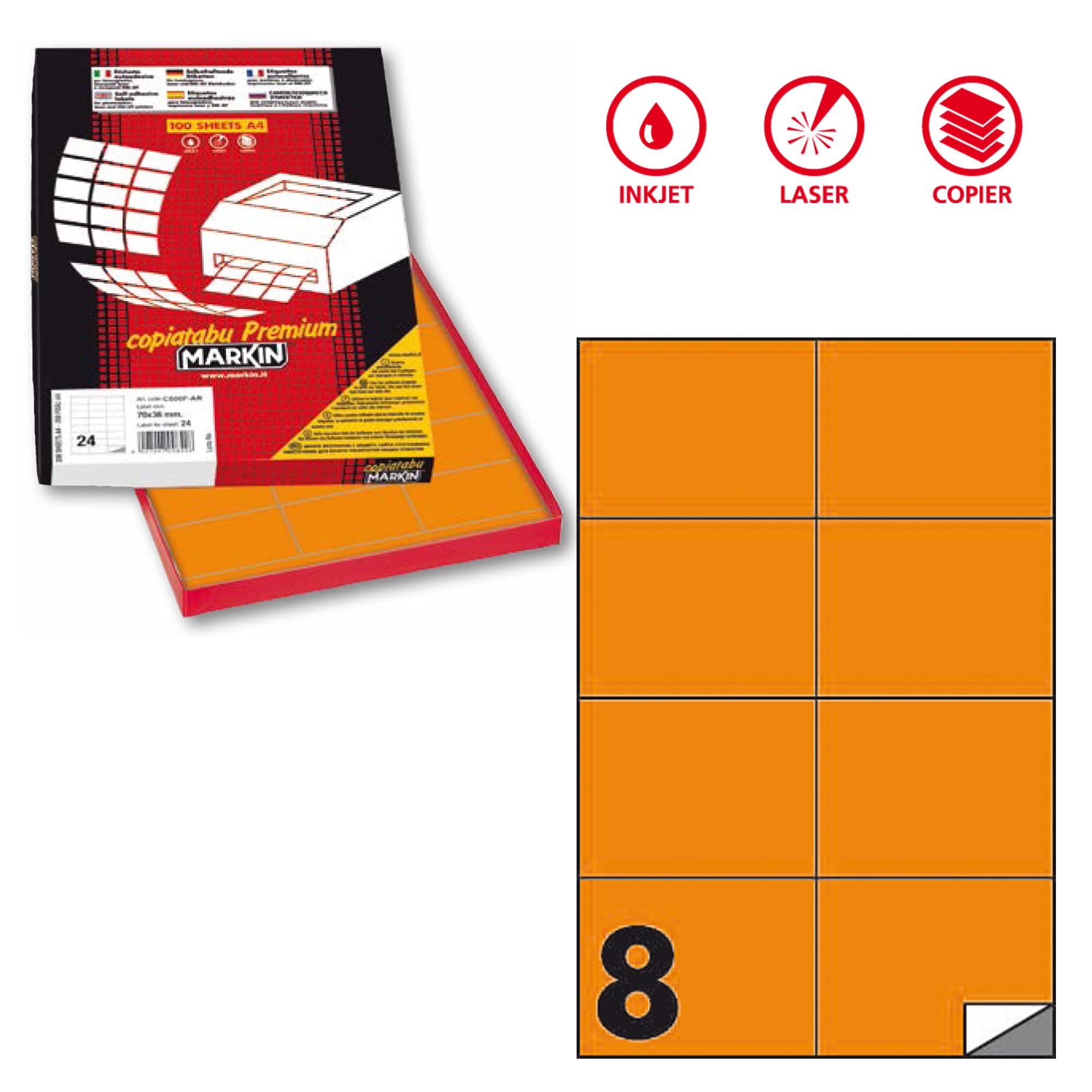 Etichetta adesiva C/512 arancio fluo 100fg A4 105x74mm (8et/fg) Markin