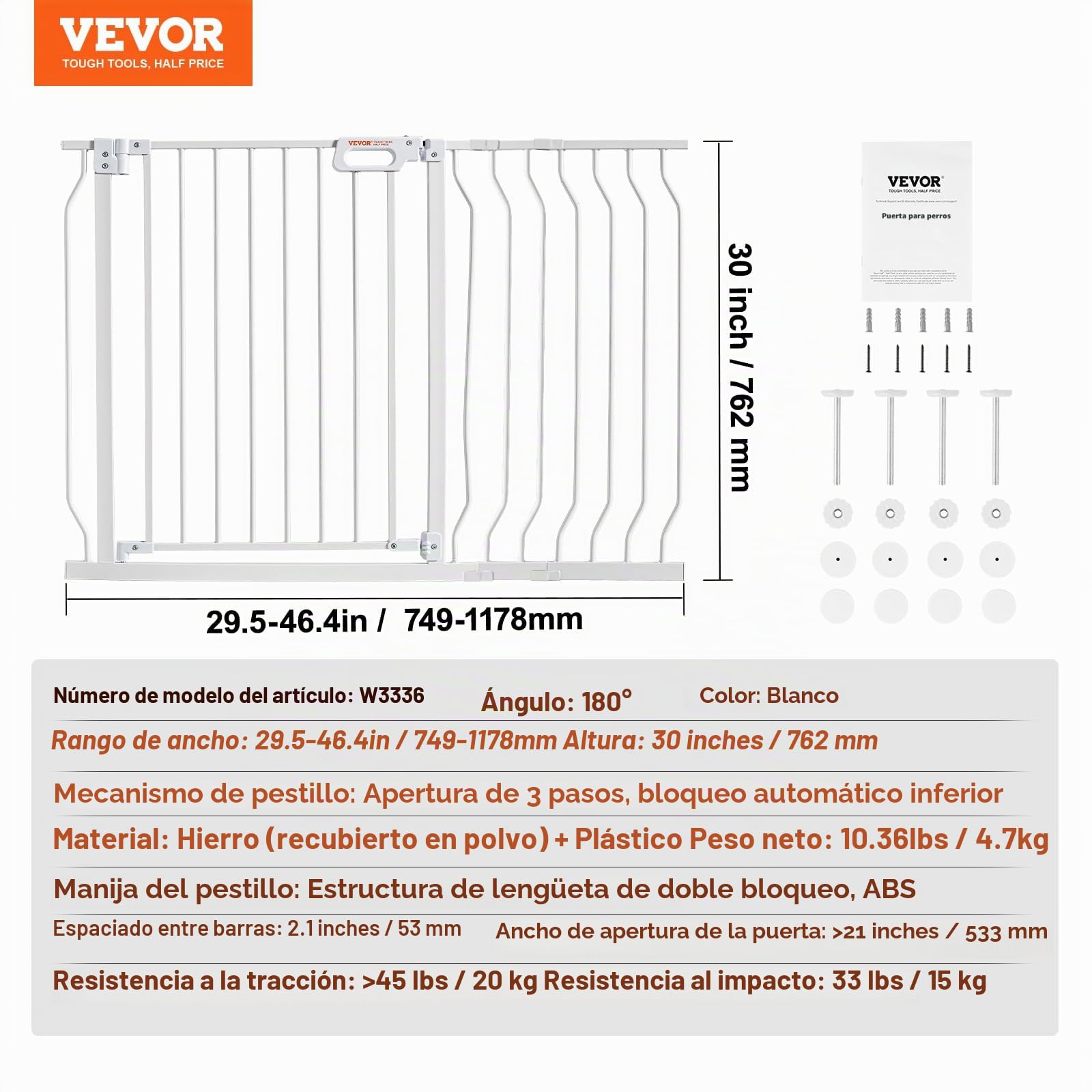 Barrera de Seguridad Extensible Ancho de 74,9-117,8 cm Altura de 76,2 cm Cierre Automático Puerta de Escalera sin Taladrar Ancho de Apertura de 533 mm a 180° Valla para Niños para Interior