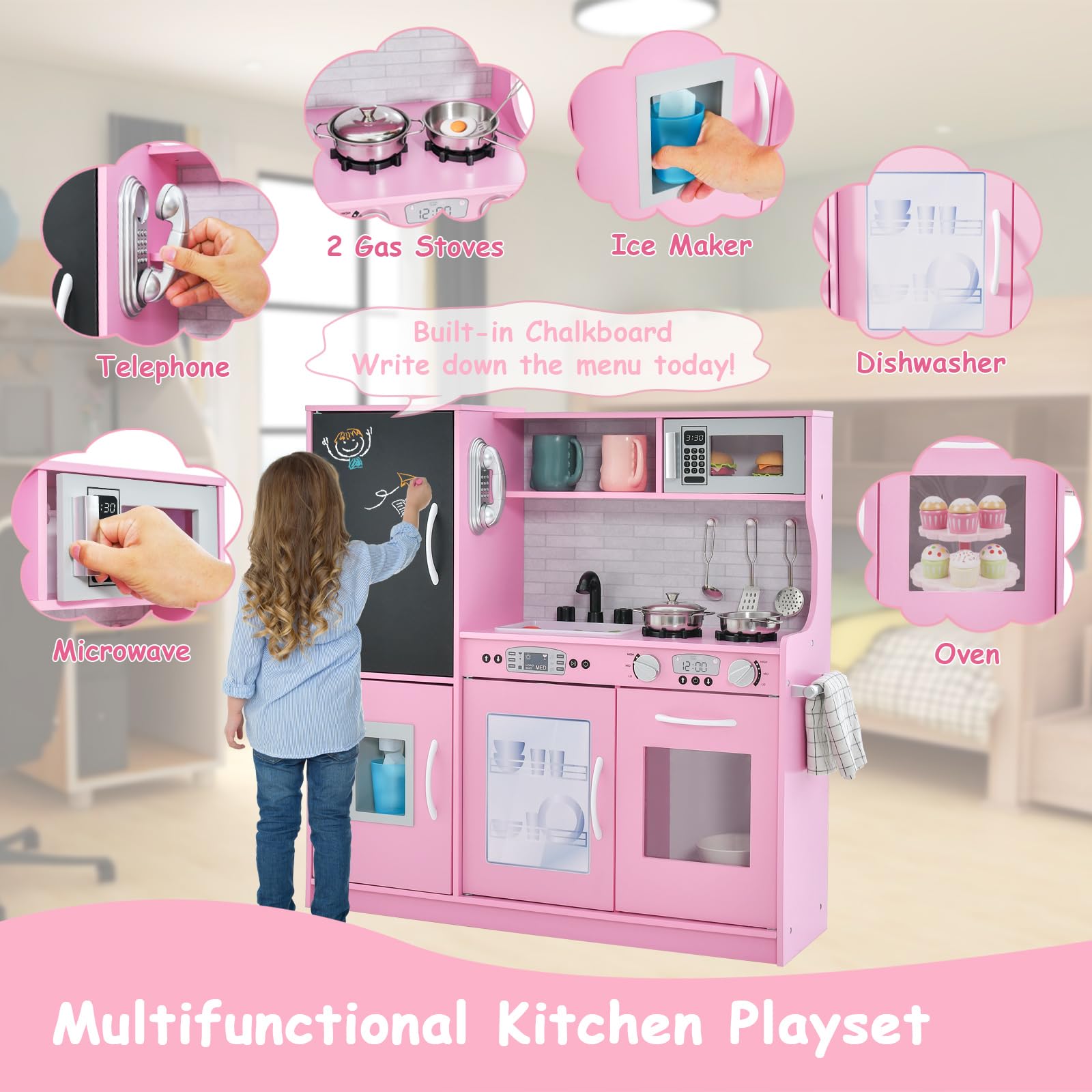 HOMASIS Spielküche mit 10 Zubehör, Kinderküche Holz, Spielzeugküche mit Tafel Spüle Herd Ofen Mikrowelle Eismaschine Telefon, Holzküche Kinderspielküche für Kinder ab 3 Jahre (Rosa)