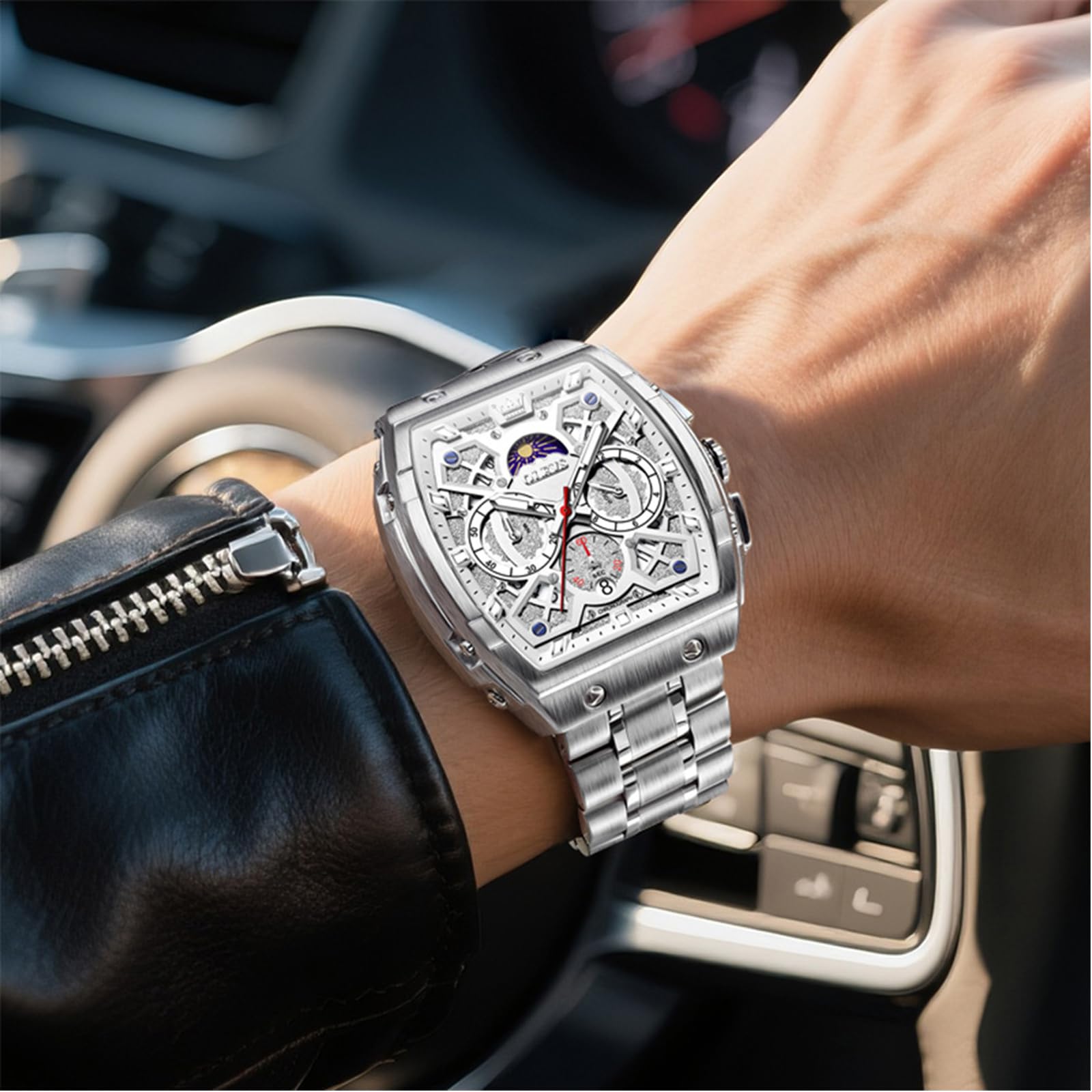 OLEVS Herren Uhr Chronograph Großes Quadrat Edelstahl Quarz Analog | Tonneau Design 44mm großen Zifferblatt Armbanduhr, 30m Wasserdicht, mit Mondphase, Leuchtend, Doppelte Zeitzone