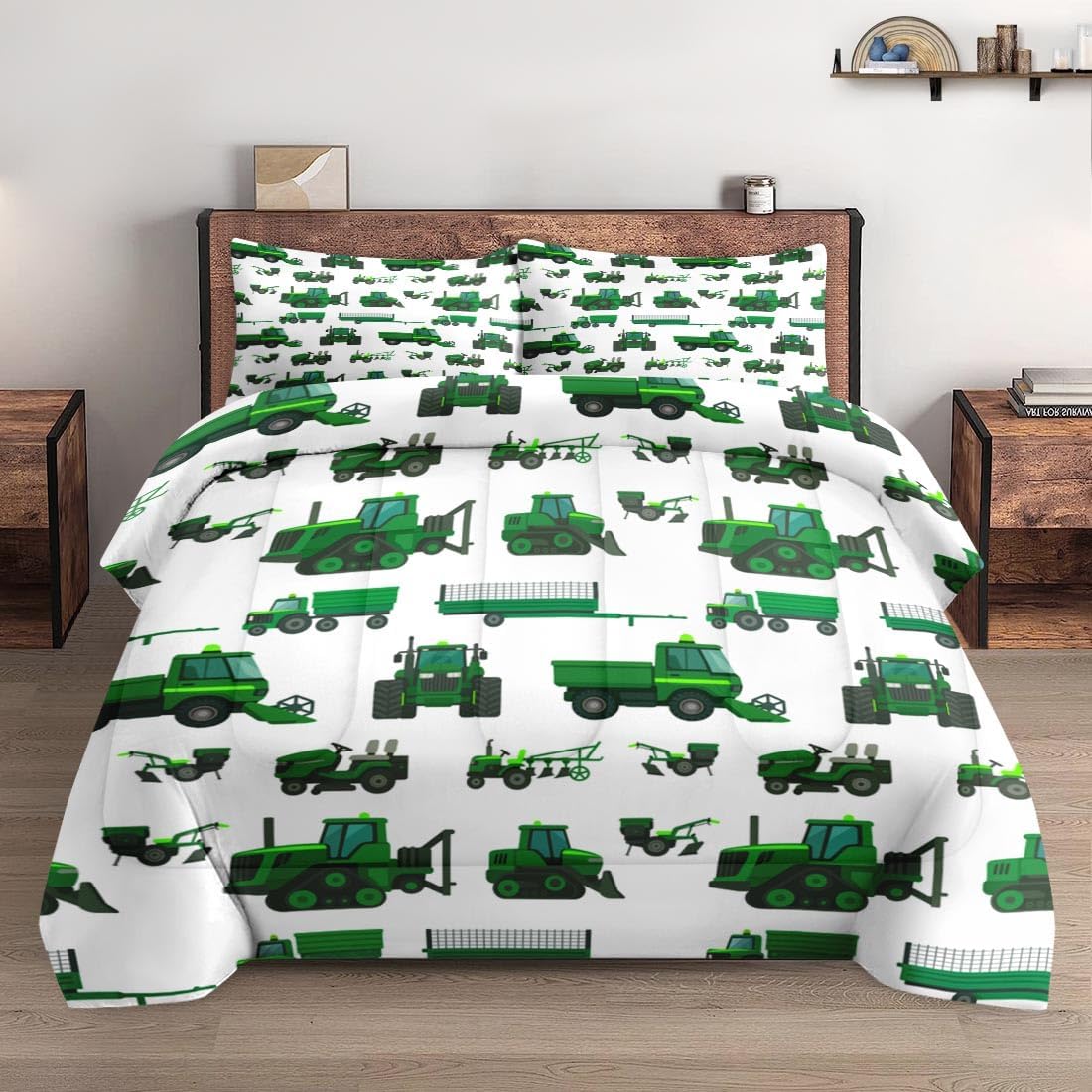Queen Size Comforter Set with 2 Pillowcases, Yellow Farm Tractor Green Vehicle Soft 3 Pcs Bedding Set for Kids and Adults Bedroom Bed Decor