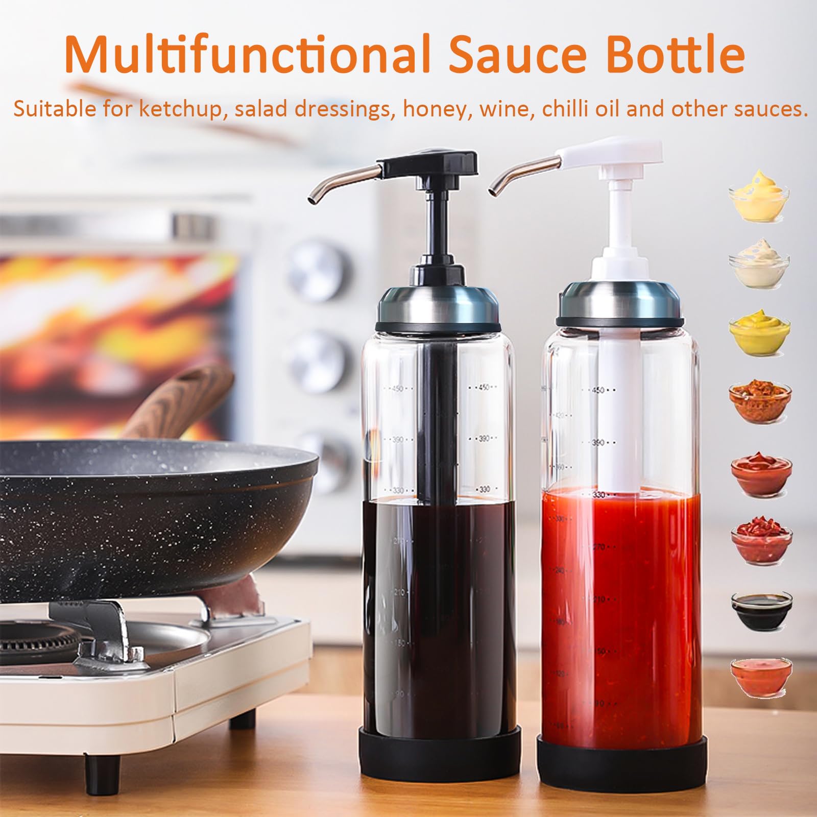 DXQCHDUO Siroopdispenser met pomp, 500 ml hervulbare ketchupfles voor saus en siroop glazen fles met brede hals pers pompkop kleverige saus knijpfles, honingdispenser (zwart