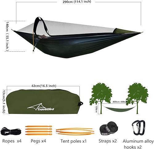 Miniatura 8 de Travel Bird Hamaca de camping con mosquitera y lona para moscas de lluvia, función 3 en 1 paracaídas portátil doble e individual, hamaca ligera al