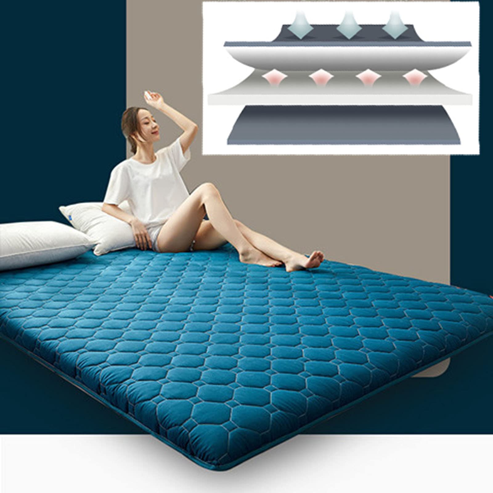 Wan-b Materassi Tatami Giapponesi Futon, da Pavimento Addensato, da Letto Portatile Morbido Divano Pieghevole Arrotolabile Doppio Materasso Singolo da Terra Malachite Green, 135x200cm