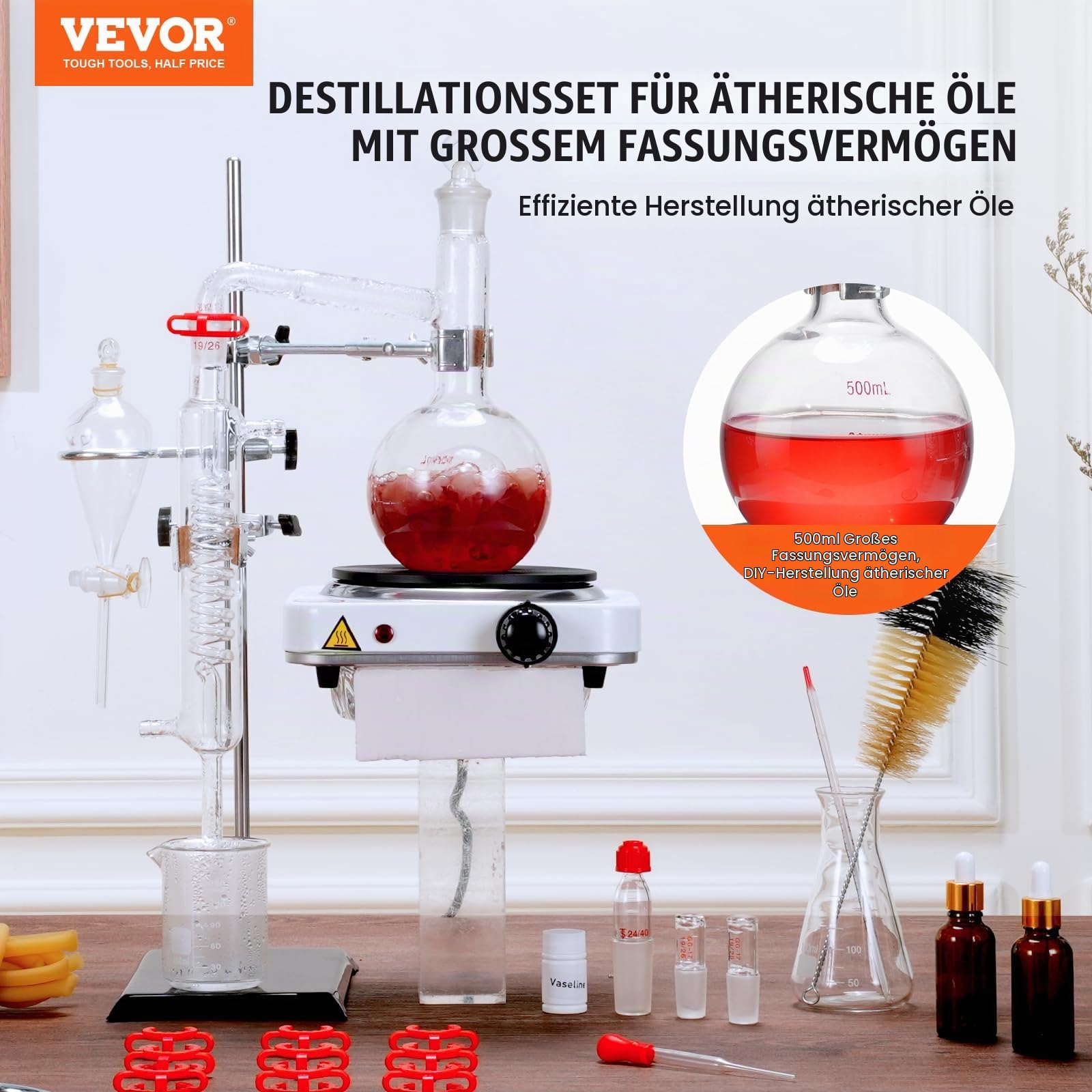 VEVOR Destillationsset für Ätherische Öle, 500 ml Destillationsapparat, 3,3 Boro-Laborglas-Destillationsset mit 1000 W Heizplatte und 24, 40 Gelenken, 33-teiliges Set