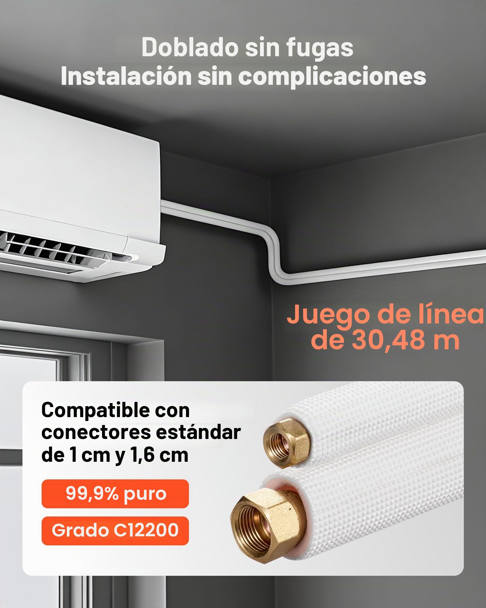 VEVOR Conducto Refrigerante de Cobre Largo de 30,48 m, Tubo de Cobre Aislado Diámetro Exterior 9,5 mm y 15,9 mm, para Sistema de Mini-split de Aire Acondicionado, Tubo de Bobina Aislante de PE