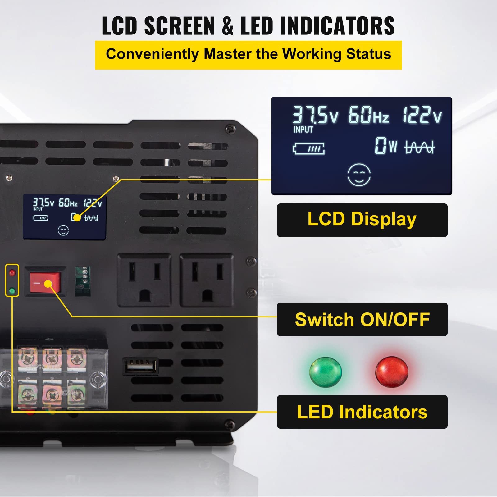 VEVOR 5000 W modifizierter Sinus-Wechselrichter, DC 12 V auf AC 120 V Spannungswandler, mit LCD-Fernbedienung, LED-Anzeige, AC-Steckdosen; für LKW, Wohnmobil, Auto, Boot, Reisen, Camping, Notfall