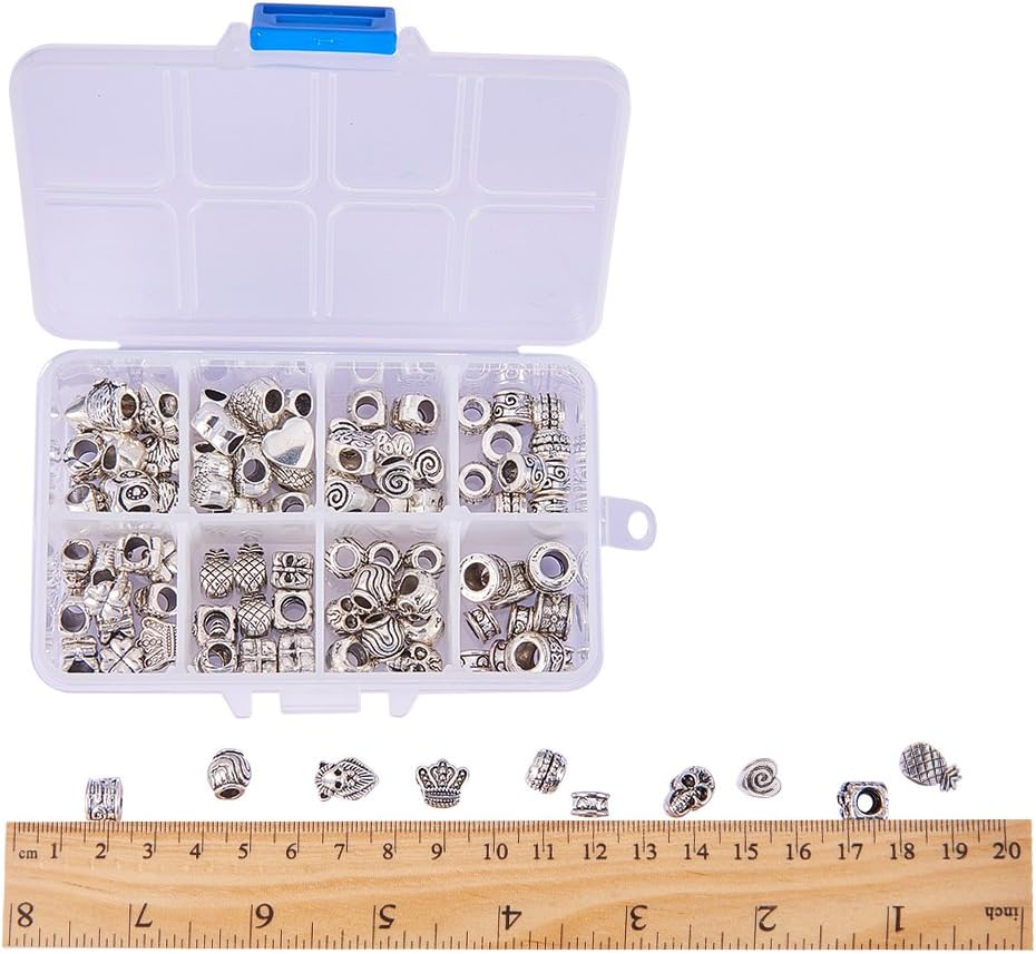 NBEADS 96 Pcs Antique Silver European Beads - 16 Assorted Mixed Shape Tibetan Style Alloy Large Hole Spacer Charms for Bracelet Pendant