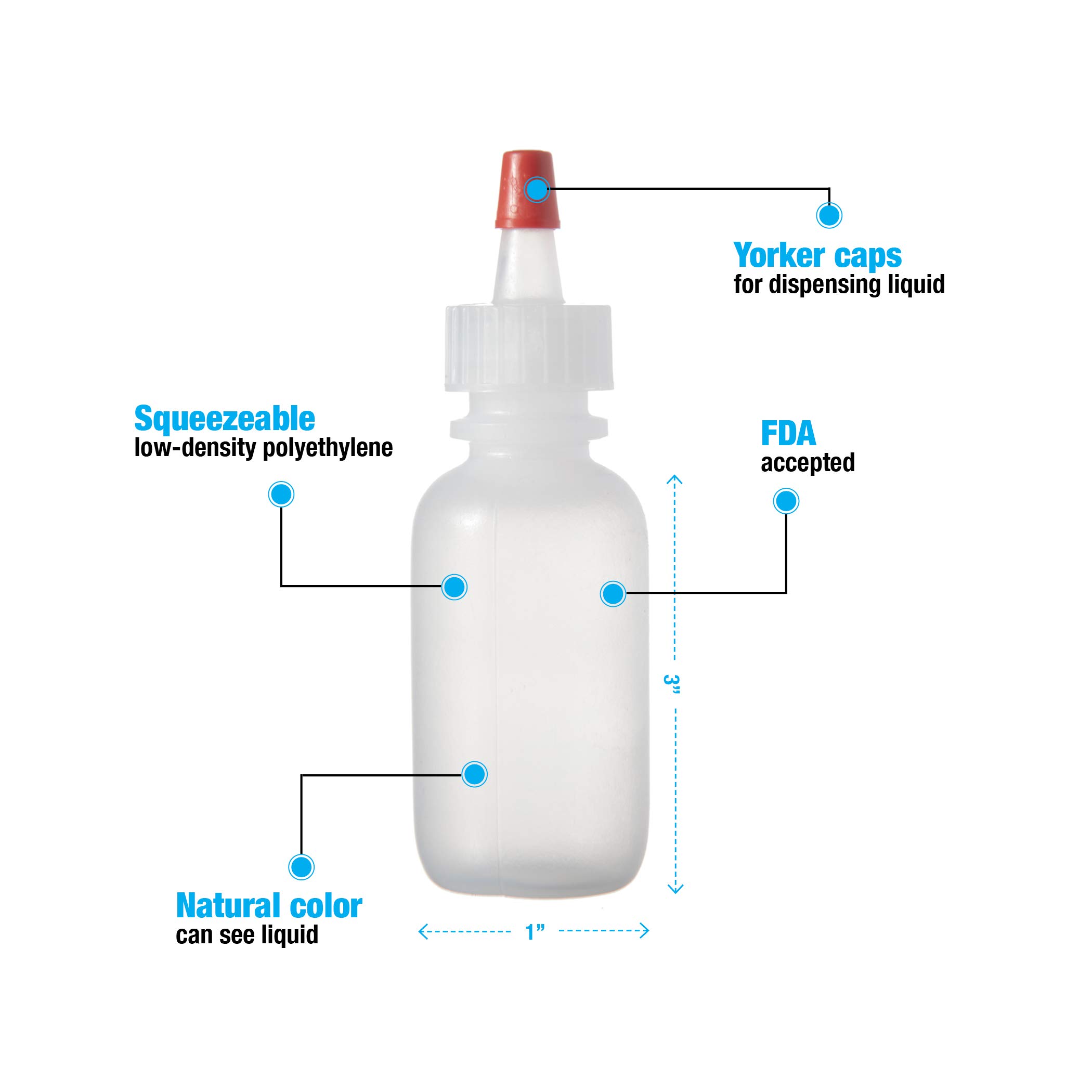 Consolidated plásticos Boston redonda botellas con Yorker dispensador Cap, Plástico, cuello ancho, LDPE 1 oz, 24 piezas