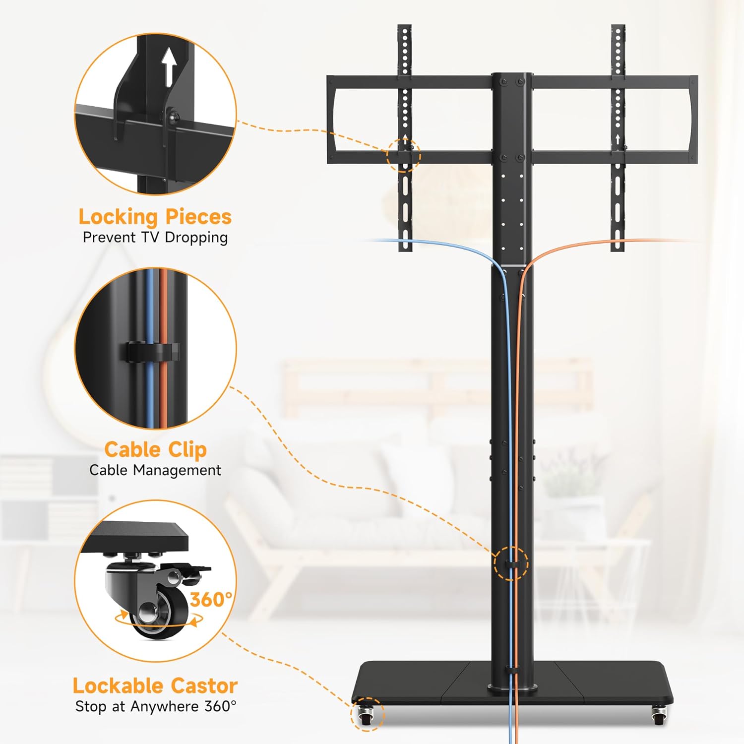 Diagram showing the locking pieces that prevent the TV from dropping, cable management clips, and 360-degree lockable casters.