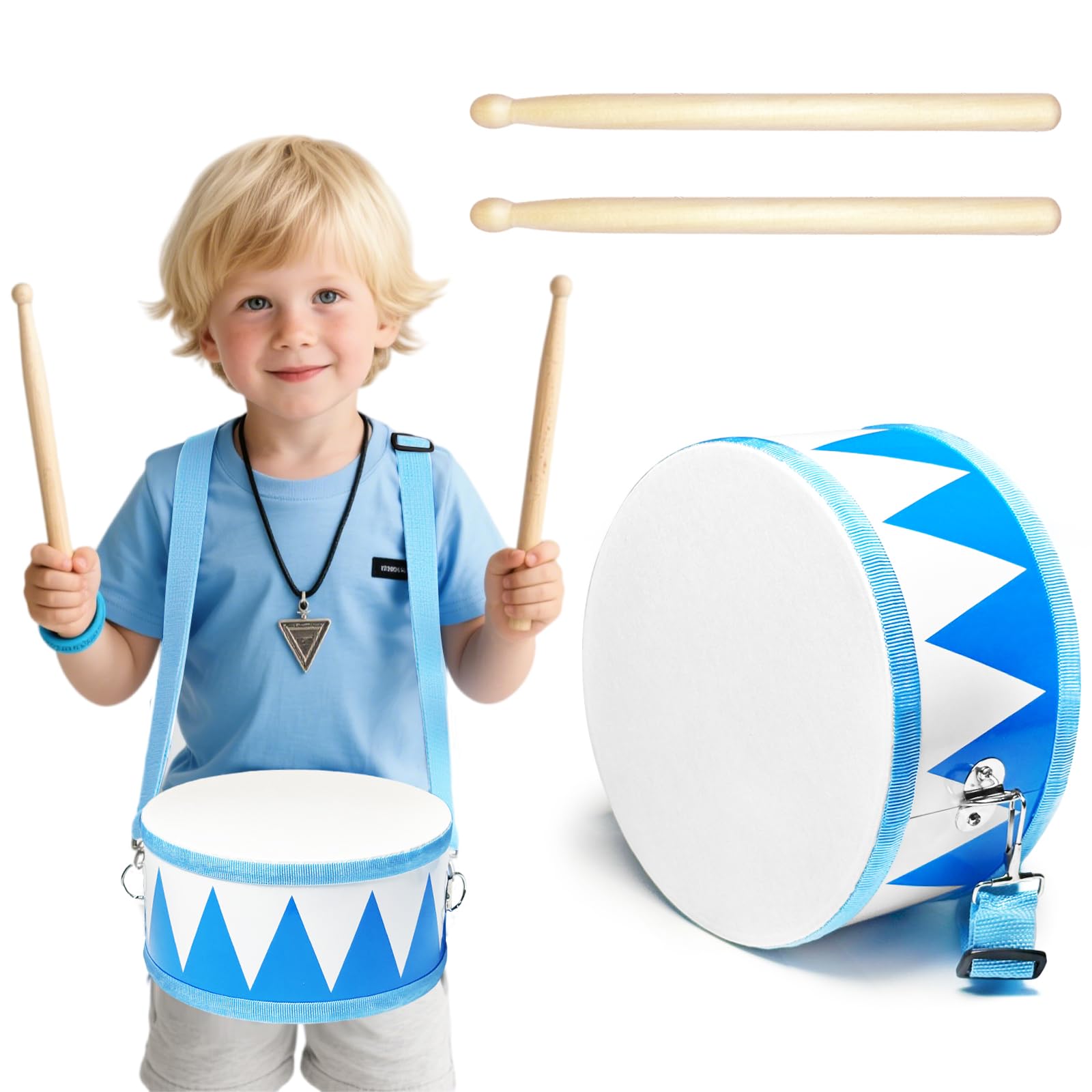 Kids Drum Set,8" Wooden Drum Toys with Adjustable Strap and 2 Drumsticks,Sensory Musical Instrument for Toddler Boys & Girls,Party Gift(Blue)