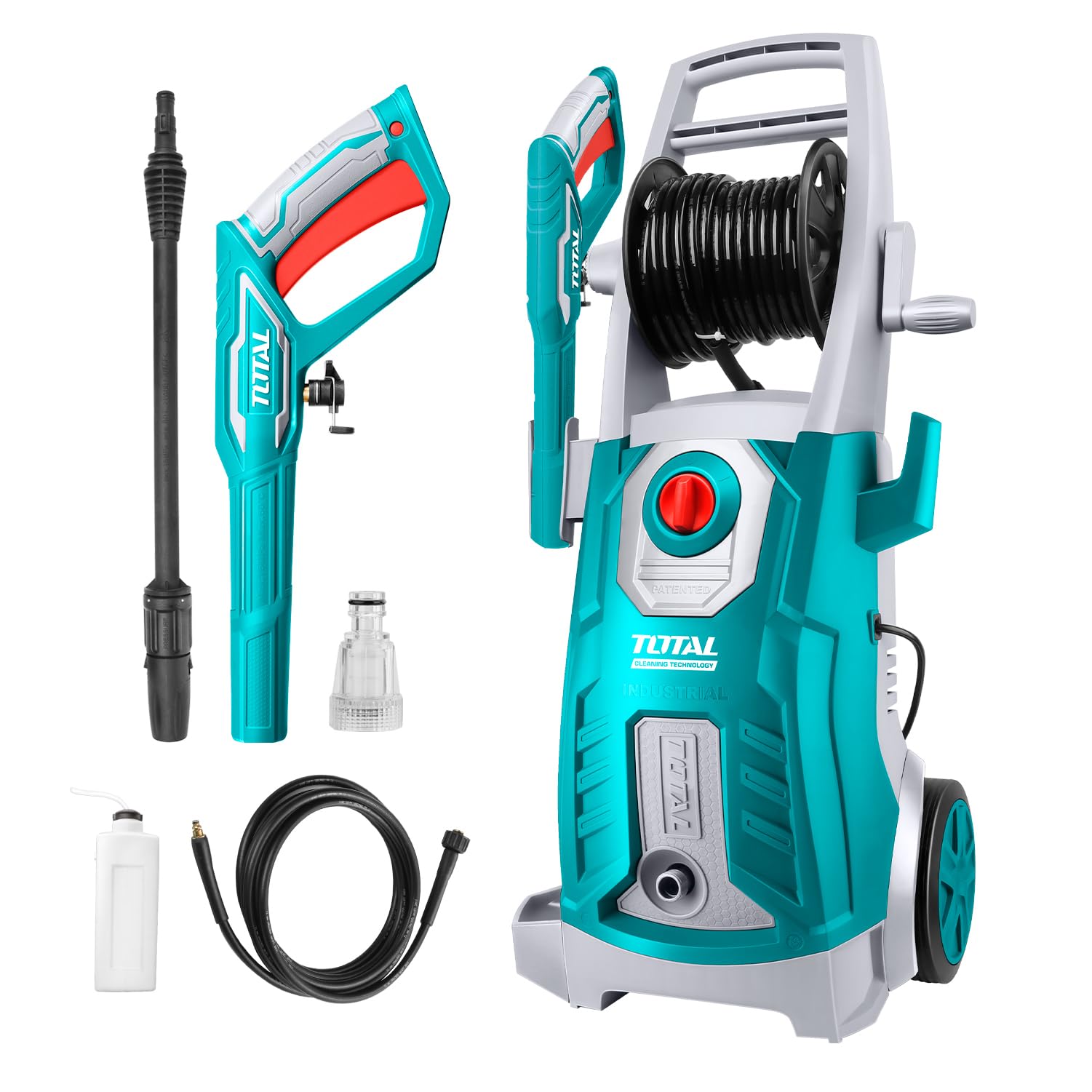 TOTAL – Hidrolimpiadora a Presión - 160 Bar, 6,7l/min y 2500 W - Auto Parada - Incluye: Pistola Pulverizadora y Botella para Detergente - Azul