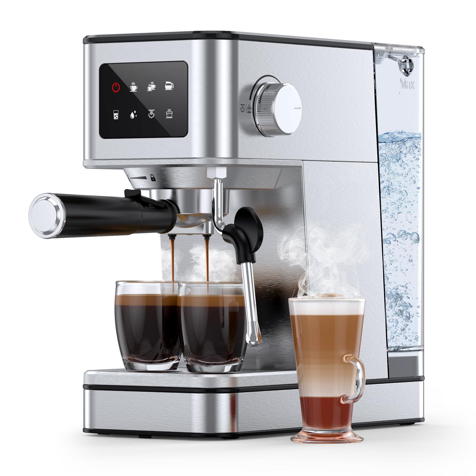 20 Bar Espresso Machine with Milk Frother, Stainless Steel Coffee Maker with Touch Screen & Cold Brew, 45s Fast Heat Small Cappuccino & Latte Machine with 57.5oz Removable Water Tank for Home, Silver