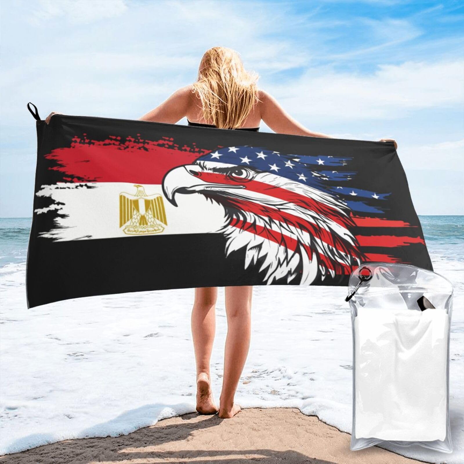 HACXZ America Flag and Egypt Egyptian Flag Microfiber Beach Towel Lightweight Absorbent Travel Pool for Men Women 31.5"X63"