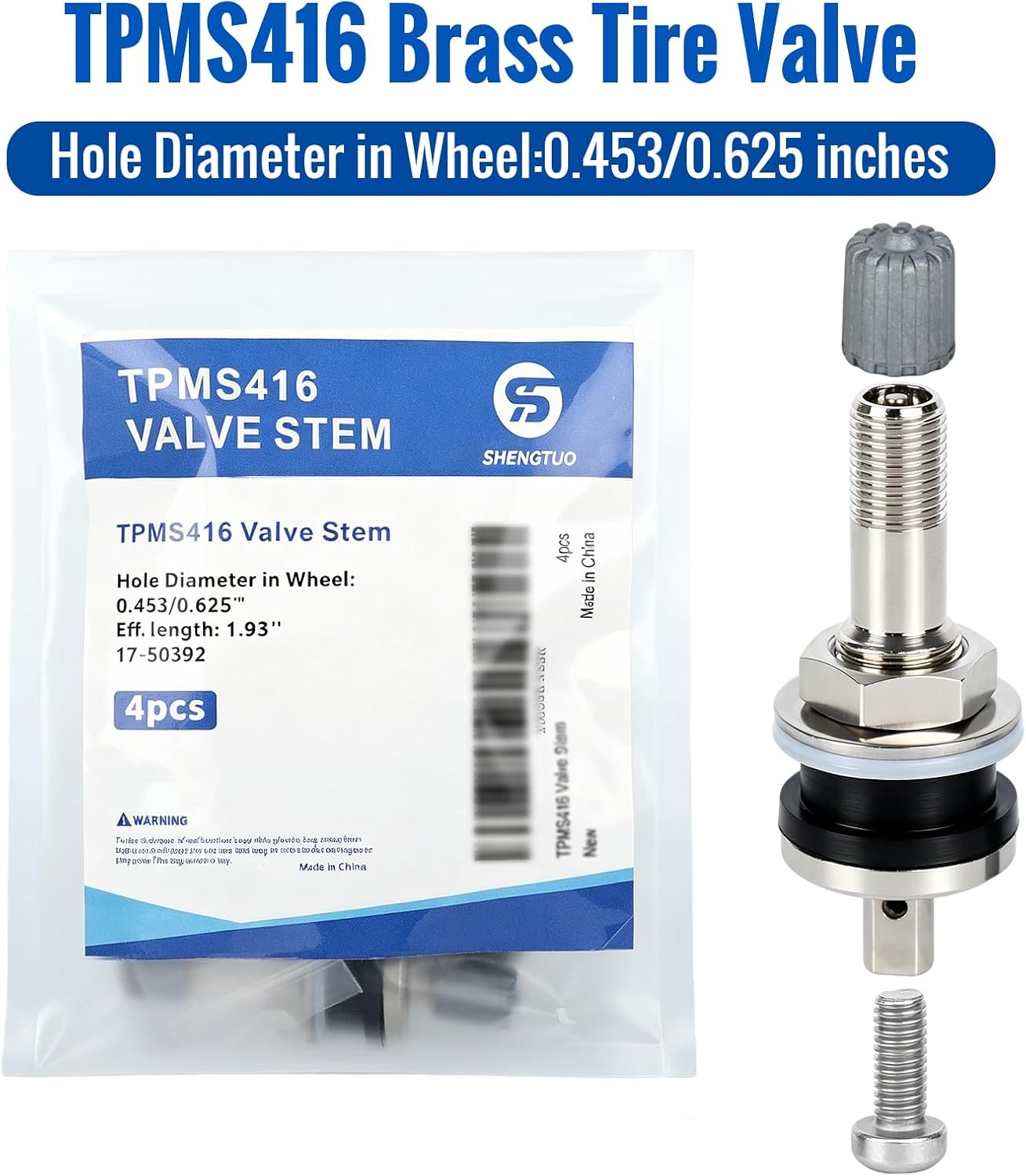 TPMS416 17-50392 TPMS Metal Valve Stems for Passenger Car/Parallel Key Sensors. Fits 0.453" & 0.625" Valve Hole Dia, Length 1.93", Silver, Pack of 4