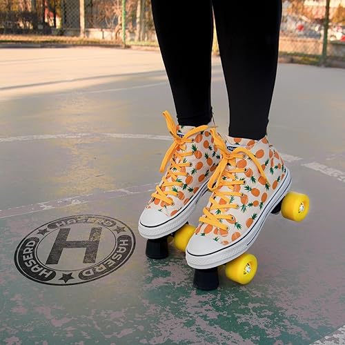 Miniatura 7 de HASERD Patines para mujer con bolsas, patines de lona ajustables de doble fila para niñas, diseño temático de fresa y piña, estilo de tenis de lona