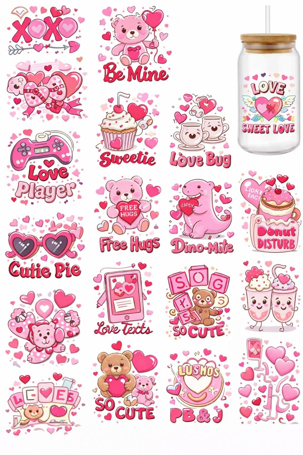 Valentine's Day Stickers, UV DTF Transfer Decals for Water Bottles, Mugs, Glasses, Pink Heart Theme, 19 Patterns, 2.5 Inch, Waterproof DIY Craft Stickers for Notebook, Laptop, Car, Luggage