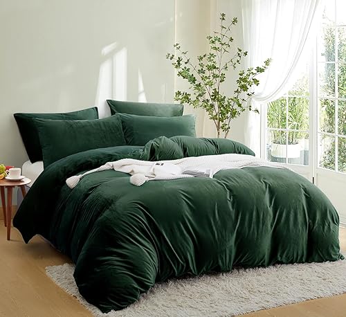 Miniatura 2 de Nayoroom Funda de edredón de terciopelo verde oscuro, tamaño Queen, franela de cristal verde esmeralda, juego de ropa de cama cálido para invierno,