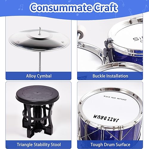 Miniatura 4 de Tinylife Juego de batería para niños, juguetes musicales con 5 tambores, taburete, palos y platillo, instrumentos musicales para niños de 2, 3, 4, 5