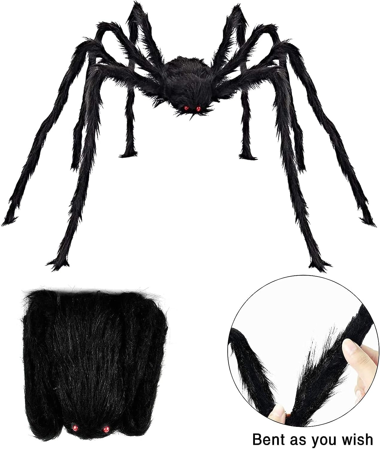 3 Ragni Giganti Di Halloween 75 Cm - Decorazione Realistica Pelosa Con Occhi Rossi Per Interni/Esterni, Tetto, Giardino, Finestre
