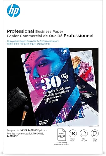 HP Papel de negocios profesional, brillante, 11 x 17 pulgadas, 48 libras, 150 hojas, funciona con impresoras de inyección de tinta (CG932A)