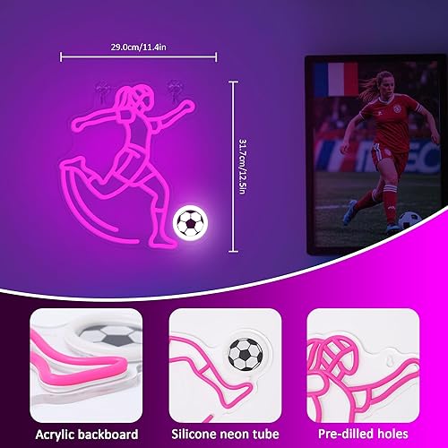 Miniatura 5 de Letrero de neón de fútbol de OkiyiD para niñas - Decoración de pared deportiva regulable con alimentación USB, regalos únicos para mujeres y niñas