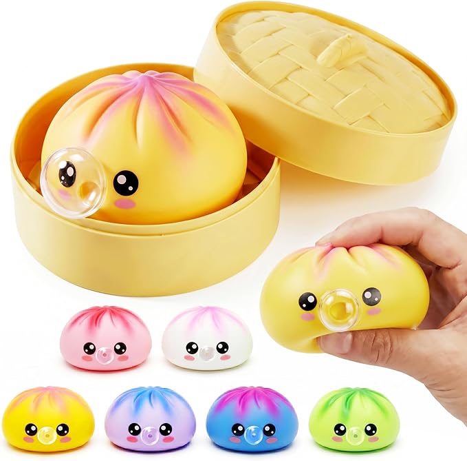 2026 Upgraded Mystery Dumpling Squeeze Mystery Box, Bubble Blowing Colorful Dumpling Stress Balls, Soft Dumpling Stress Relief Toy with Steamer Box (Gradient Yellow 1pc)