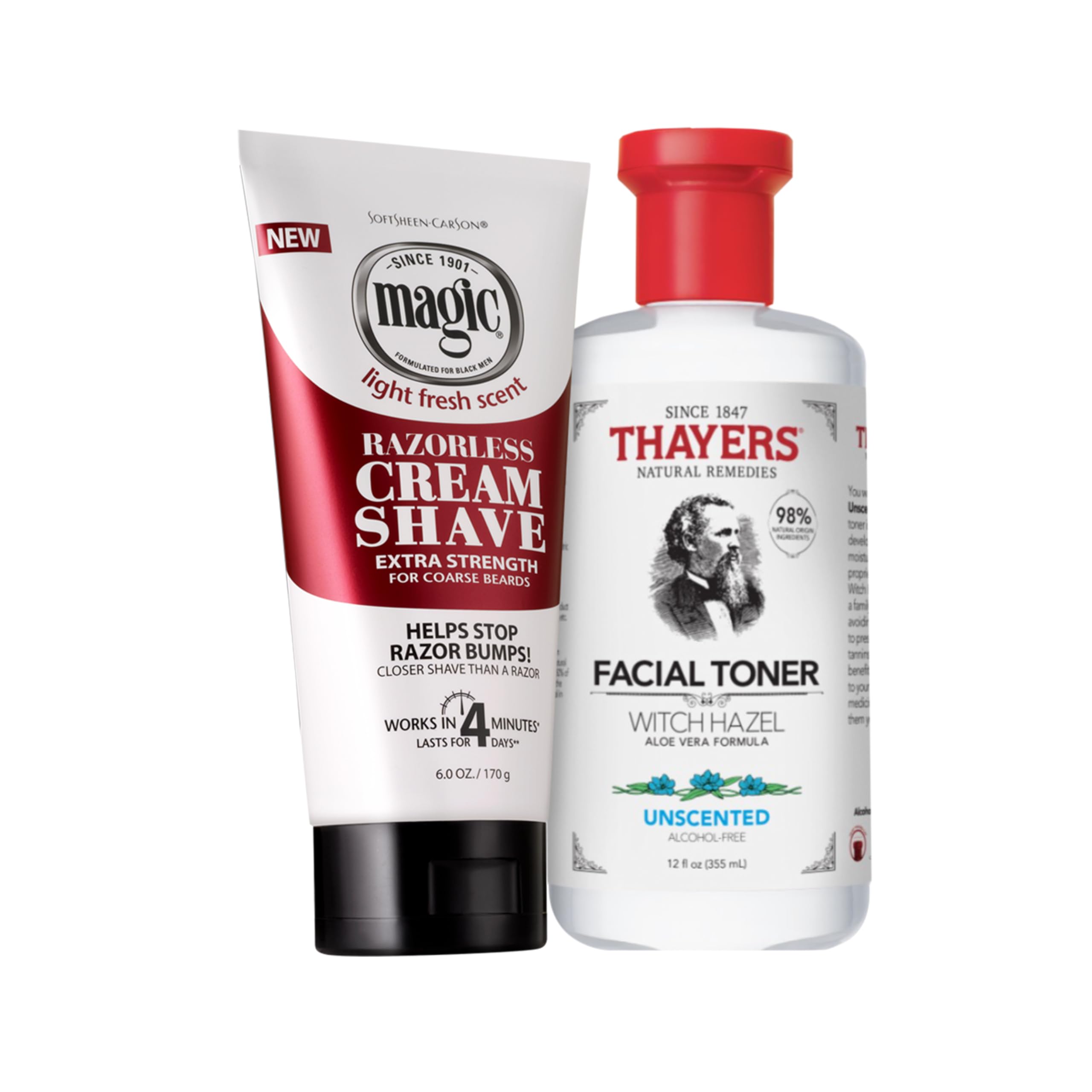 Smooth Skin Superstars: Magic Razorless Shave Cream with Shea Butter and Thayers Alcohol-Free Unscented Toner with Witch Hazel, Hair Removal Routine for Smooth and Bump-Free Skin All Over Body