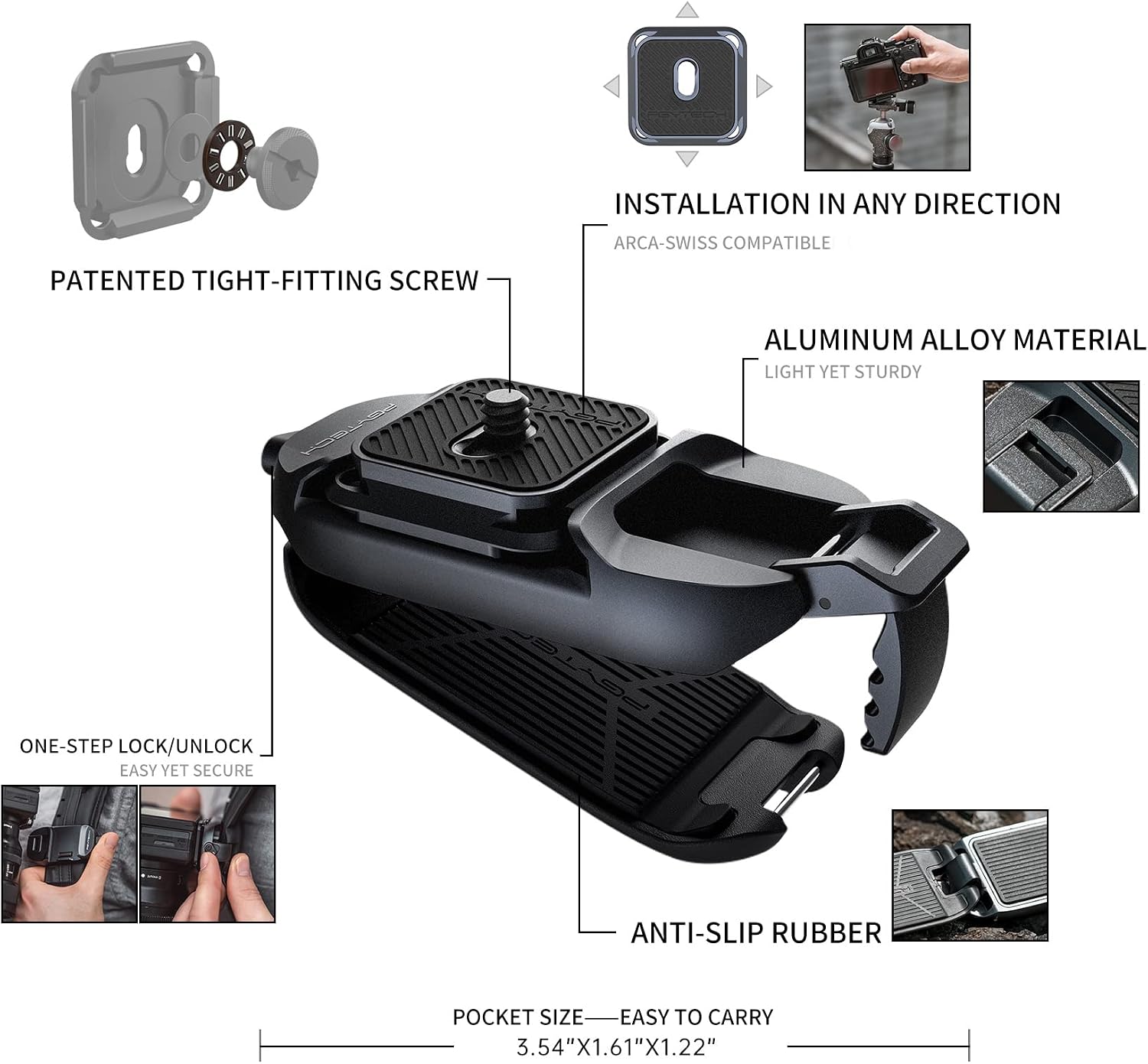 PGYTECH Beetle Camera Clip with Plate Camera Quick Release System for Sony Nikon, Fuji, DSLR Action Camera Backpack Camera Strap Mount - Image 3
