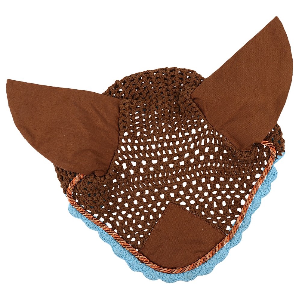 Soft Cotton Hand Crochet Breathable Fly Veil with Ears for Horse Brown