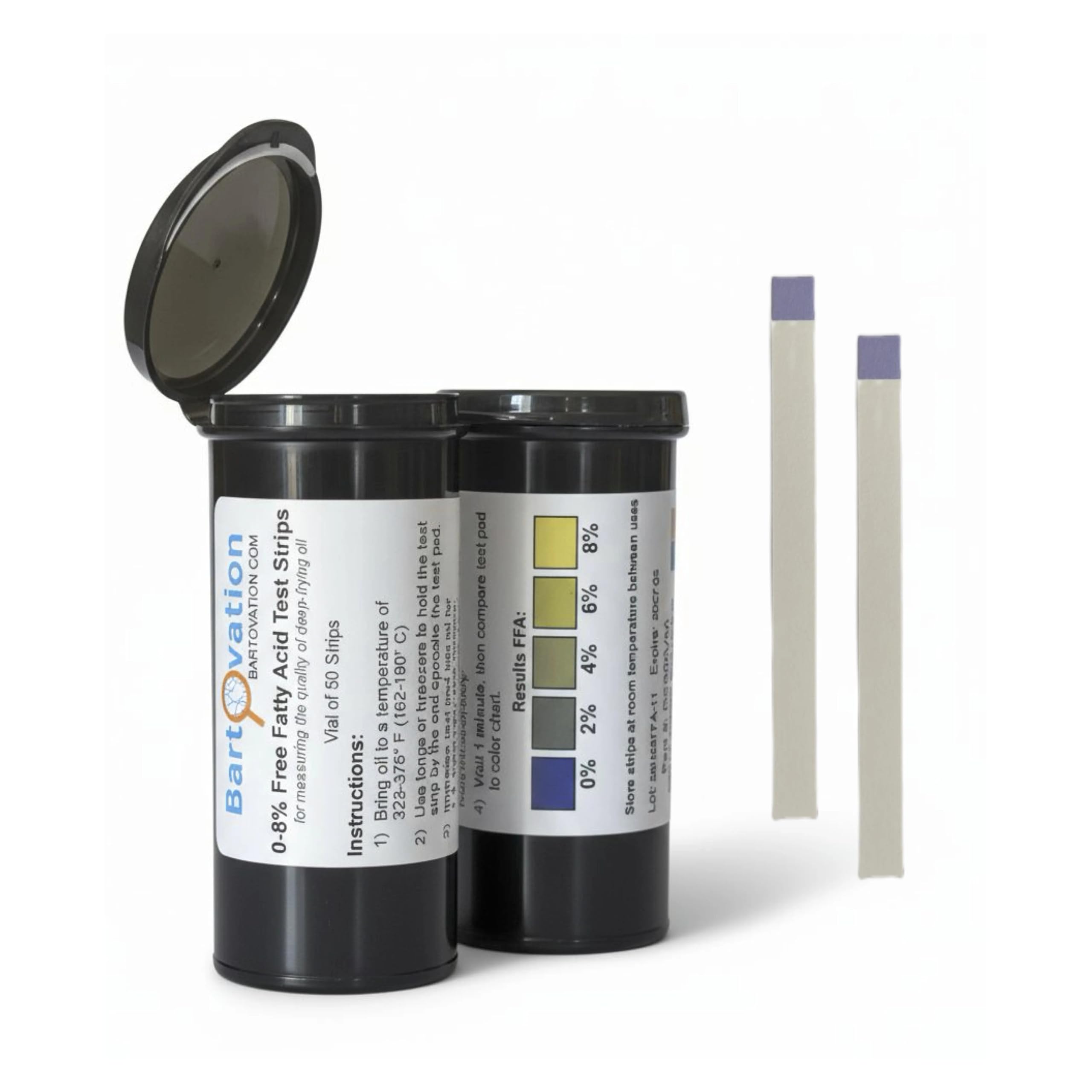 Bartovation Frying Oil Quality Test Strips, High Range Free Fatty Acid 0-8% FFA Range, Vial of 50 Strips