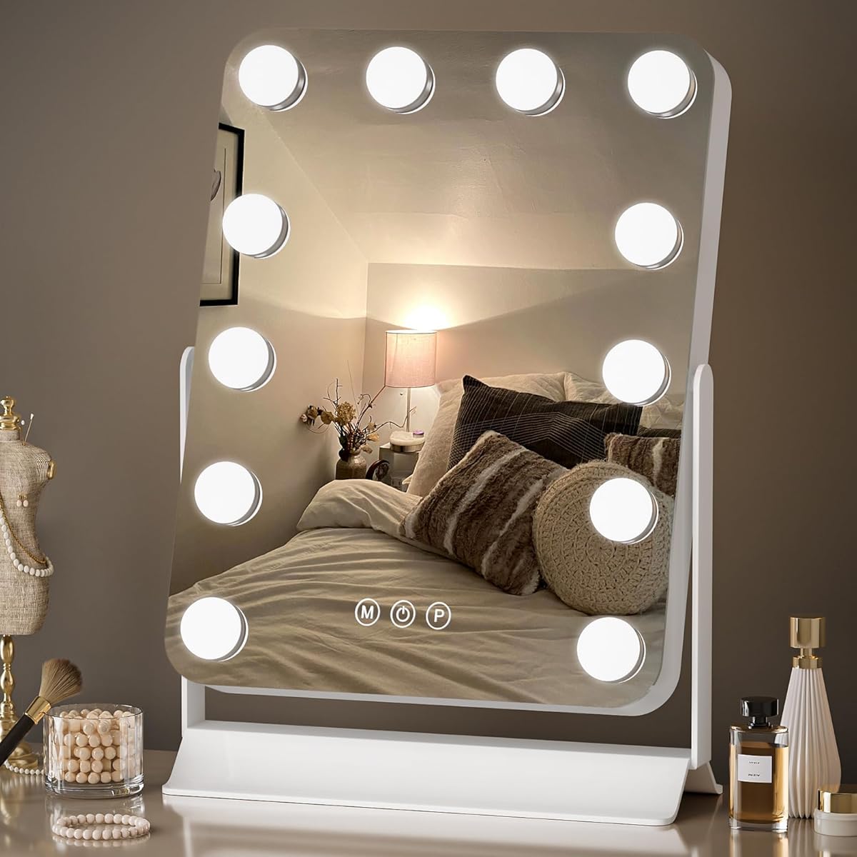 Hollywood Vanity Mirror - LED Lighted Makeup Mirror with 12 Dimmable Bulbs for Dressing Room & Bedroom, 360° Rotation, 3 Color Lighting Modes, Touch Control, Smart Memory, Gift for Women and Girls