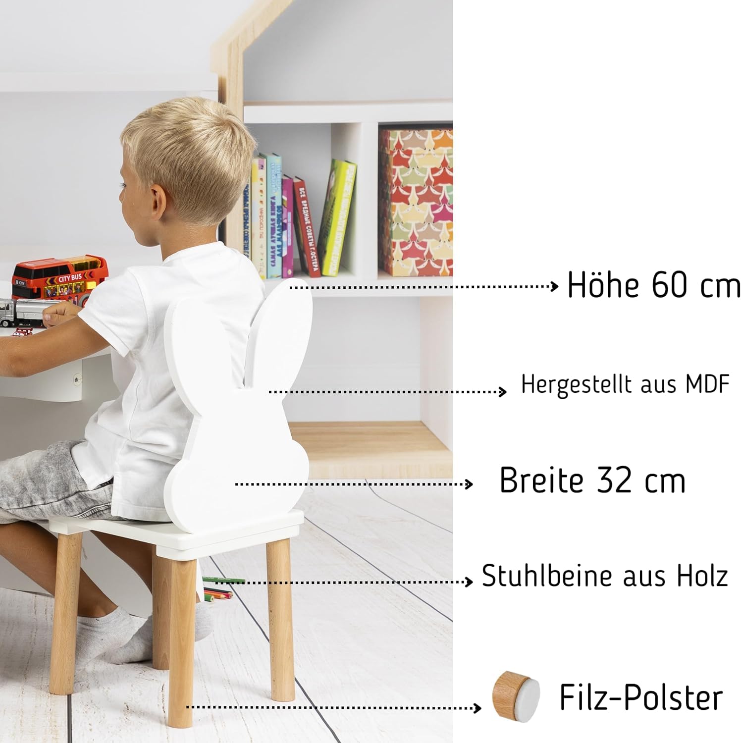 PlayPlas Furniture: Kinderstuhl und -Tisch aus Holz, weiß, quadratisch, 50 × 47 cm, Set zum Lernen und Spielen, Stuhl in Hasenform, Möbel für das Kinderzimmer