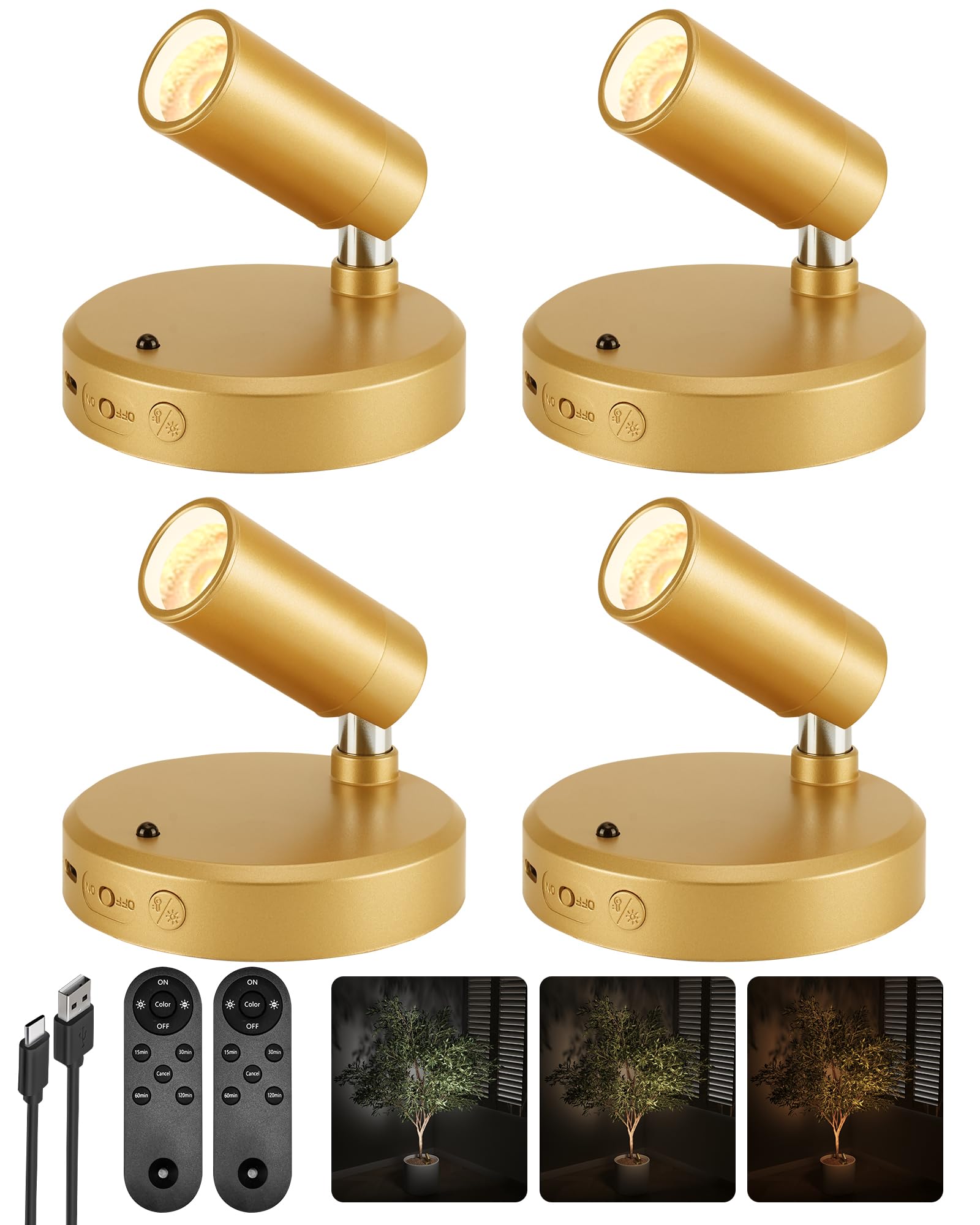 Photo 1 of EZVALO LED Spotlight Indoor, 5500mAh Rechargeable Battery-Powered Picture Lights, Wireless Mini Art Accent Spot Lights with Remote, for Plants, Display, Painting, Artwork (4-Pack-Gold)